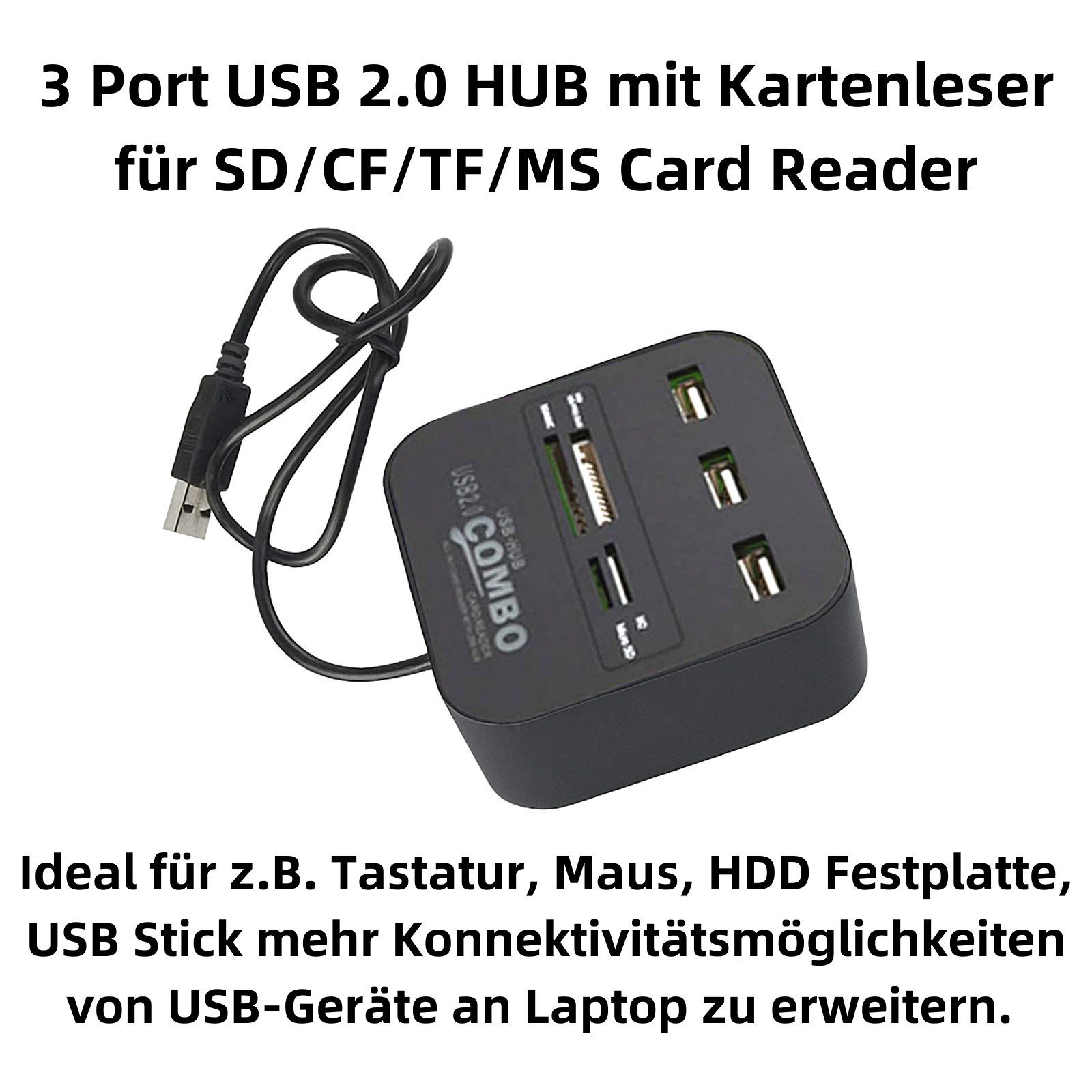 Bolwins Speicherkartenleser H31C USB 2.0 3 Port HUB Verteiler Splitter Adapter Kartenleser für PC, integrierter Kartenleser USB-Hub-Funktion Überspannungsschutz