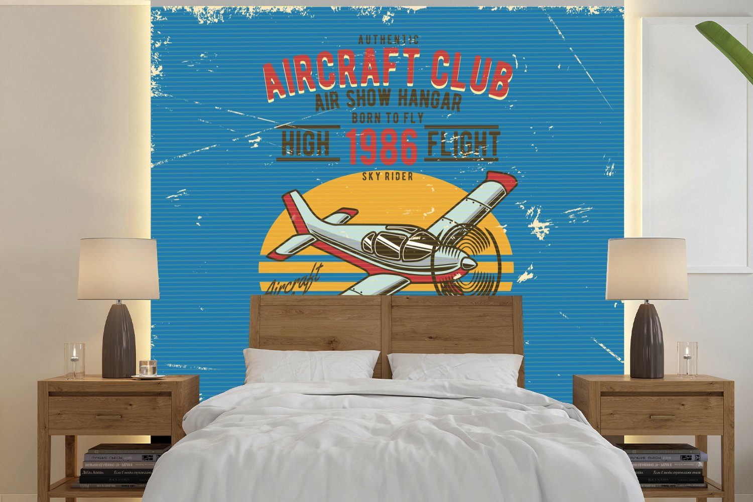 St), (5 oder Schlafzimmer, bedruckt, Tapete Flugzeug Wandtapete - - MuchoWow Mancave Vintage, Vinyl Fototapete für - Matt, Wohnzimmer Blau