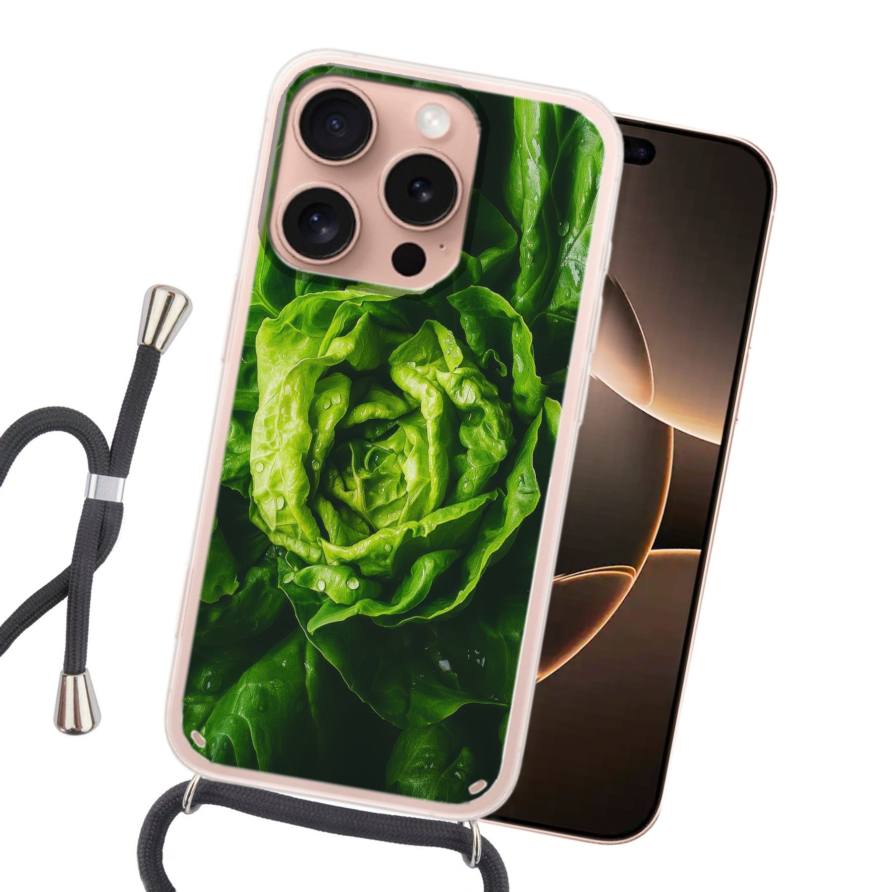MuchoWow Handyhülle für Apple iPhone 16 Pro Gemüse - Kopfsalat - Grün, Tragbare Handyhüllen mit Kette zum umhängen, Handykette Handyband