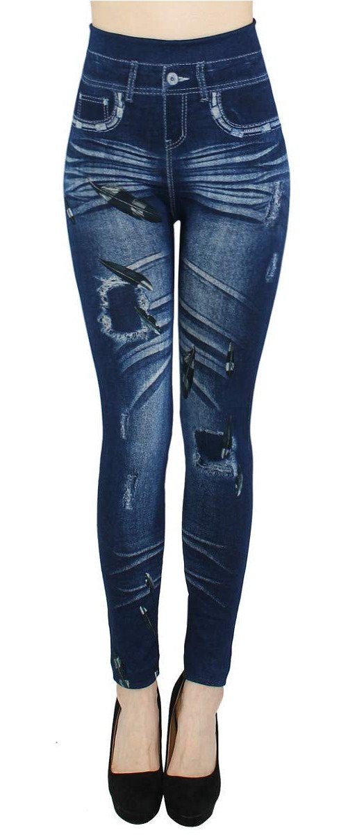 dy_mode Thermoleggings Thermo Leggings Damen Jeggings Gefüttert Hochbund Jeans-Optik Leggins Gefüttert WL128-Feathers