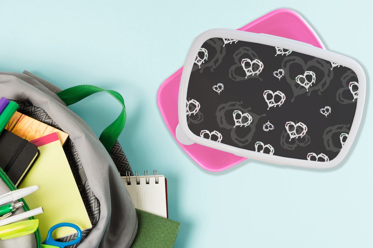 MuchoWow Lunchbox Muster - Herz Kunststoff Brotbox Kinder, Brotdose (2-tlg), Kunststoff, Mädchen, Snackbox, Totenkopf, für Erwachsene, - rosa