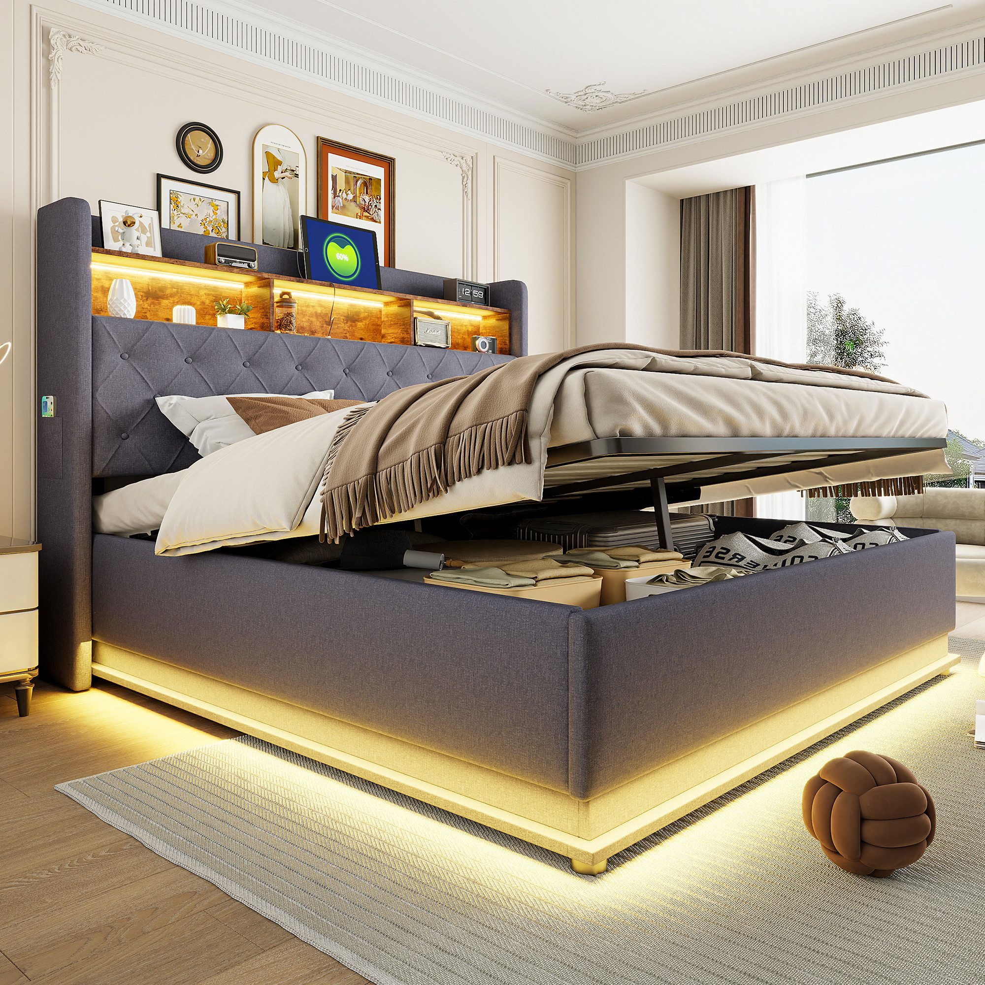 Merax Polsterbett mit LED-Leuchten und USB (1-tlg., Hydraulisches Stauraumb günstig online kaufen