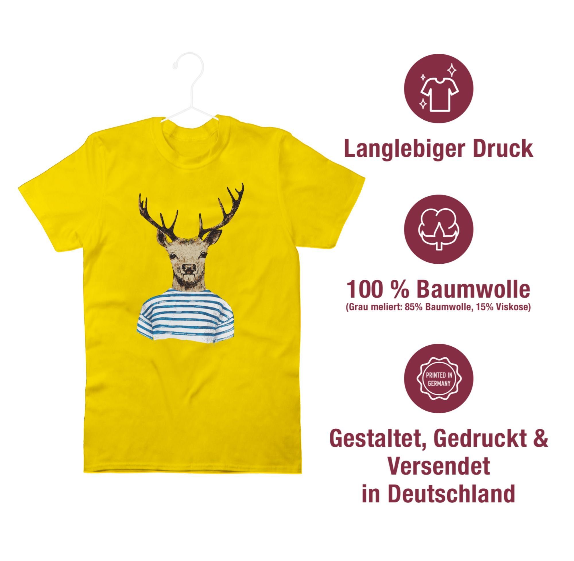 Shirtracer Mode für Herren 03 T-Shirt mit gestreiftem Shirt Oktoberfest Hirsch Gelb