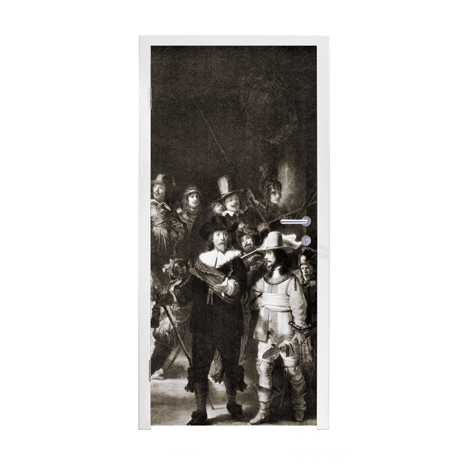 MuchoWow Türtapete Die Nachtwache in Schwarz und Weiß - Rembrandt van Rijn, Matt, bedruckt, (1 St), Fototapete für Tür, Türaufkleber, 75x205 cm | Türtapeten