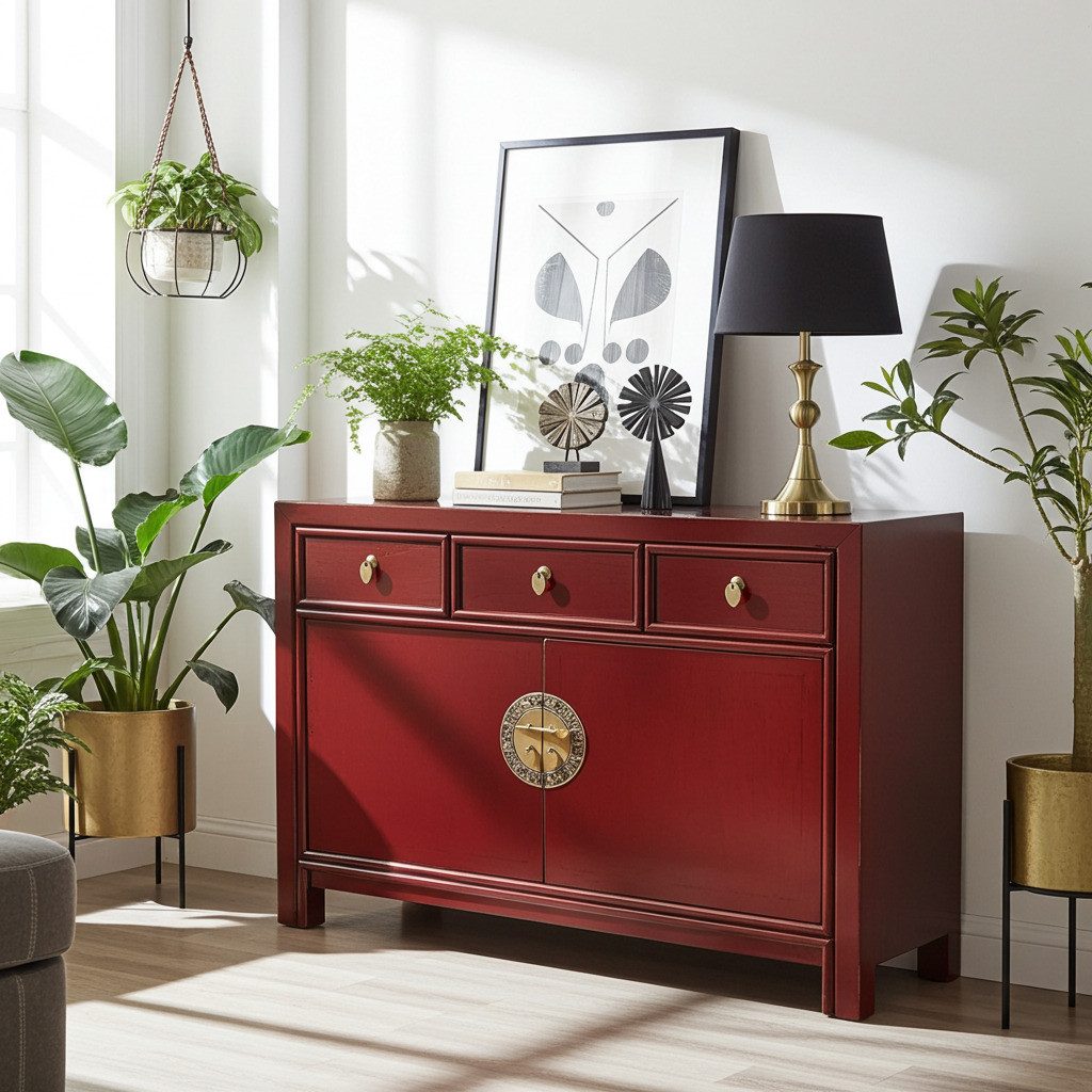 OPIUM OUTLET Kommode Vintage Schrank Sideboard rot asiatisch chinesisch orientalisch (B x T x H: 117 x 40 x 85 cm, Anrichte Buffet rot), Asia Möbel Hochzeitsschrank komplett montiert