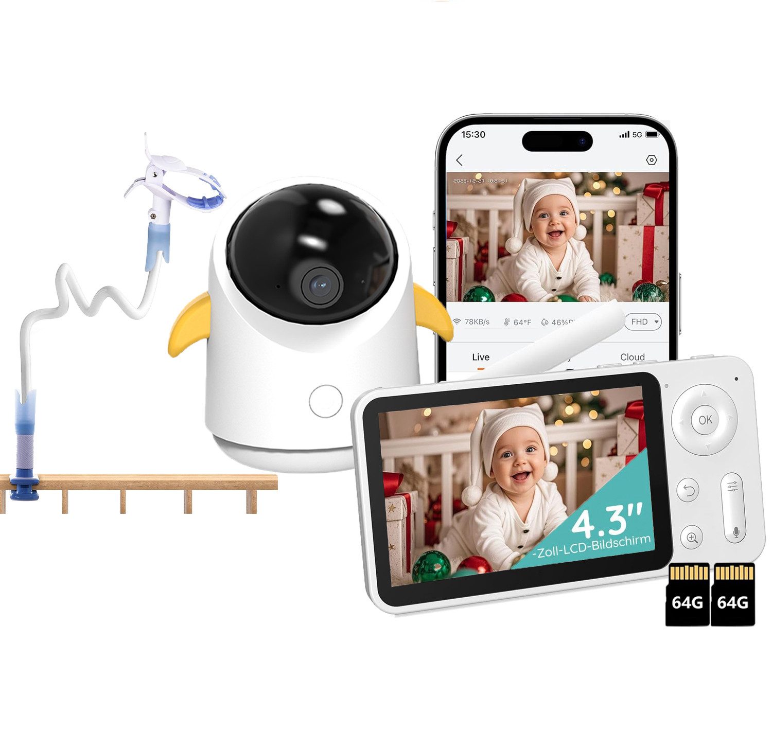 Video-Babyphone 4,3 Zoll Babyphone mit Kamera 1080P& 4X Zoom IR Nachtsicht mit Halter