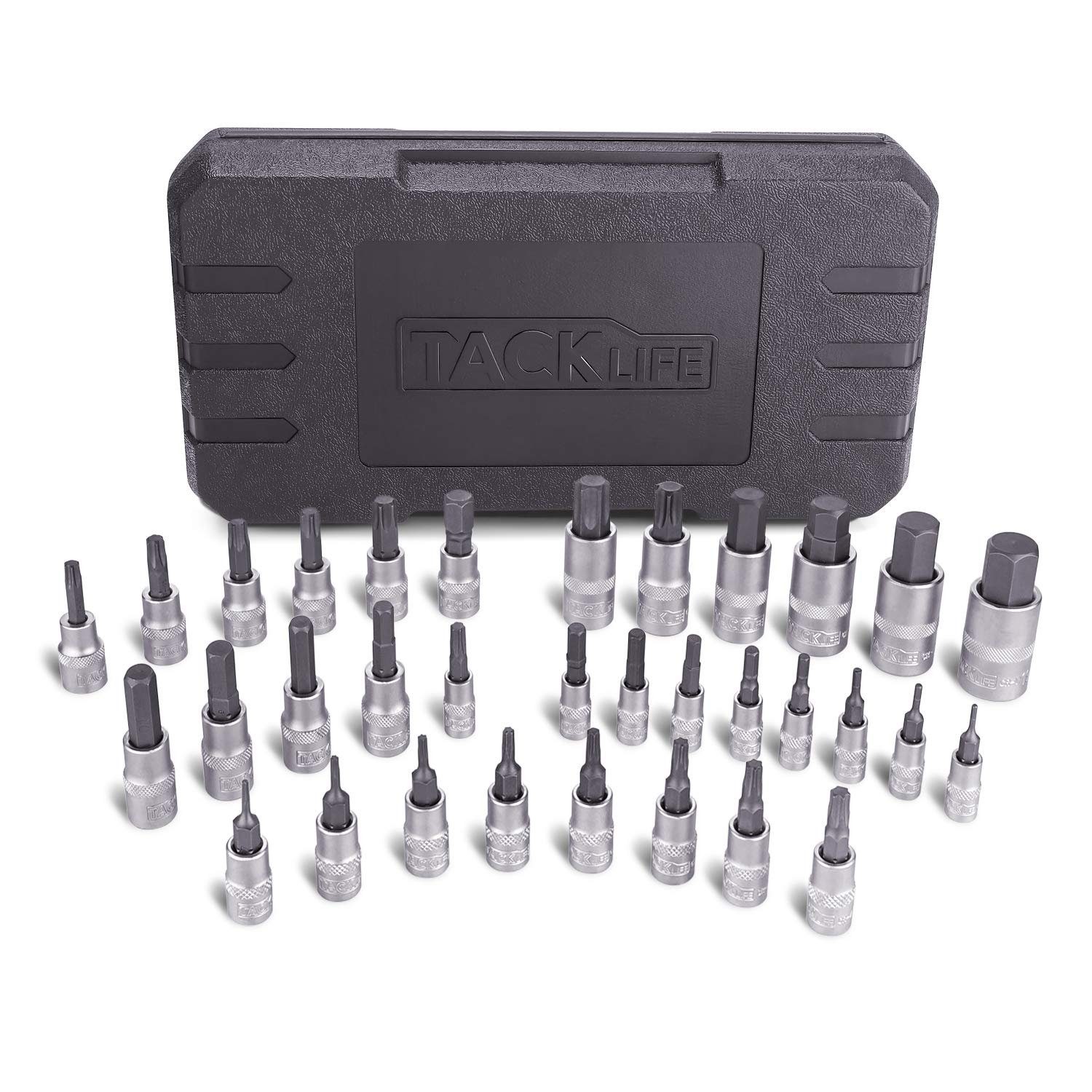TACKLIFE Klemmen 3 Stücke Torx- und Sechskant-Einsätze 1/4" 3/8" 1/2" S2, und Cr-V Stahl alle im stabilen Aufbewahrungskoffer