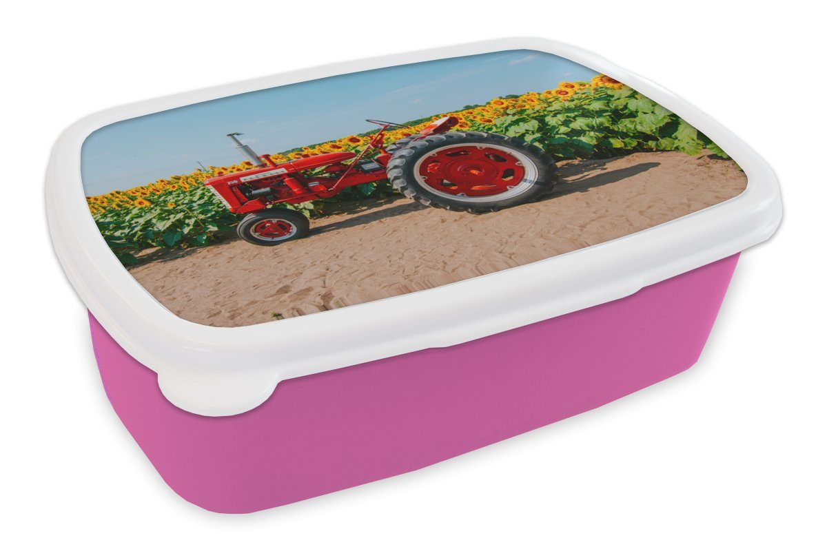 Kunststoff Erwachsene, Kinder, Mädchen, Blumen, für - MuchoWow Snackbox, - (2-tlg), rosa Brotbox Rot - Lunchbox Traktor Kunststoff, - Sonnenblume Brotdose Bauernhof