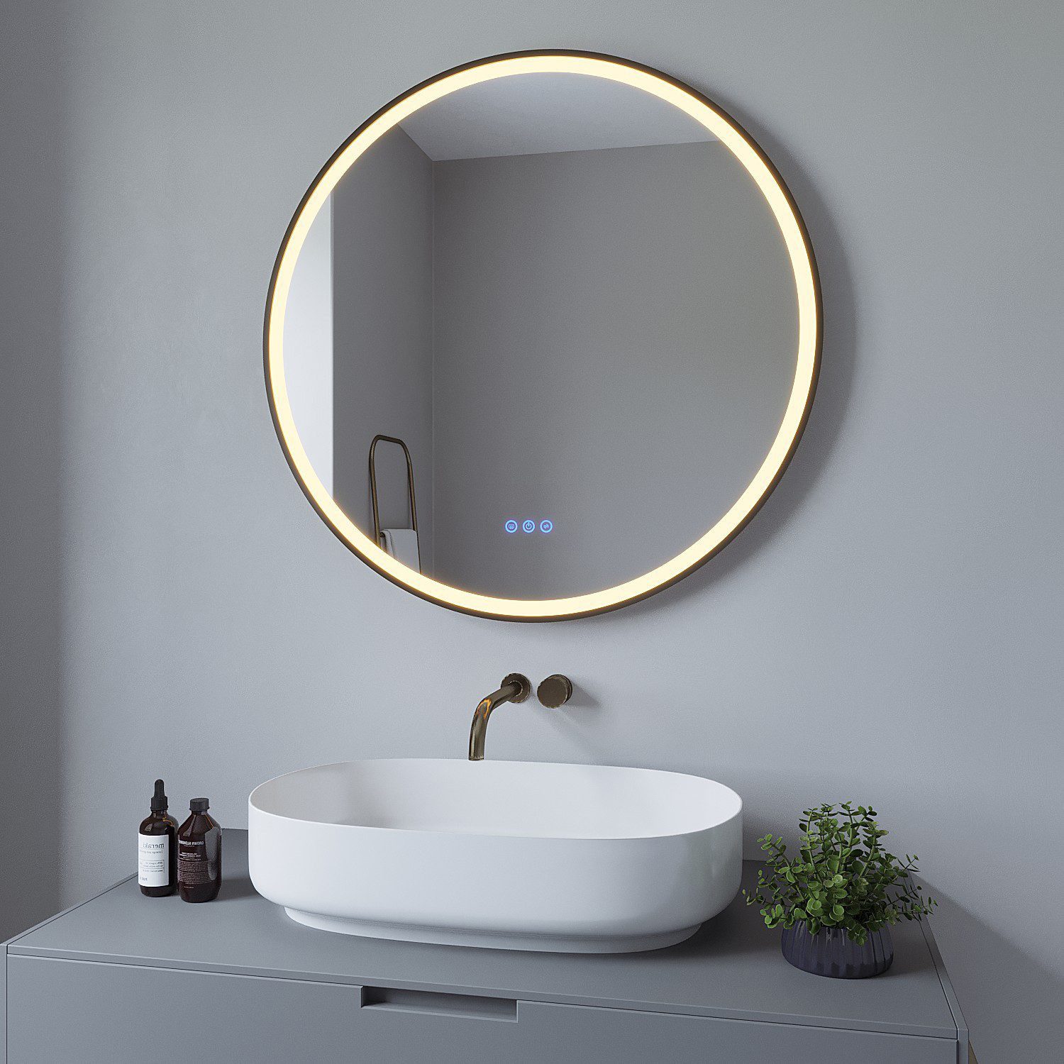 AQUALAVOS Badspiegel Badspiegel mit Beleuchtung Rund 80 cm Schwarz Rahmen LED Wandspiegel, Beschlagfrei, 3 Lichtfarben, Dimmbar, Touch Schalter für Wandschalter – Bild 2 von 5