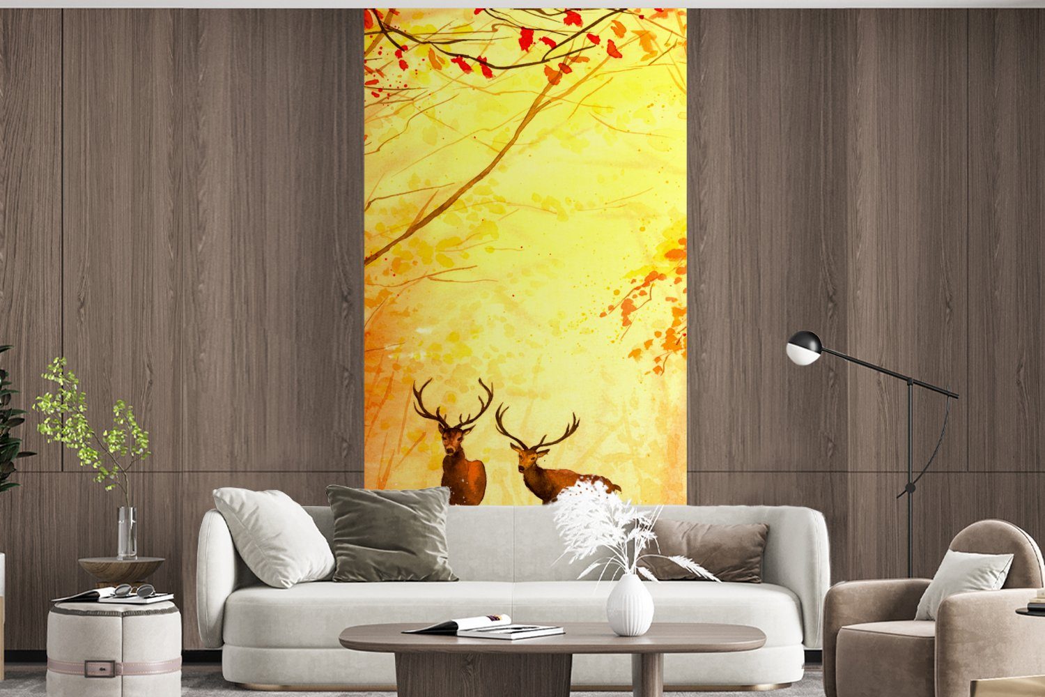 Schlafzimmer Hirsche Wohnzimmer Küche, - St), (2 Vliestapete - Fototapete - Tiere Herbst Matt, - Ölfarbe Fototapete für Orange, MuchoWow - Natur bedruckt,