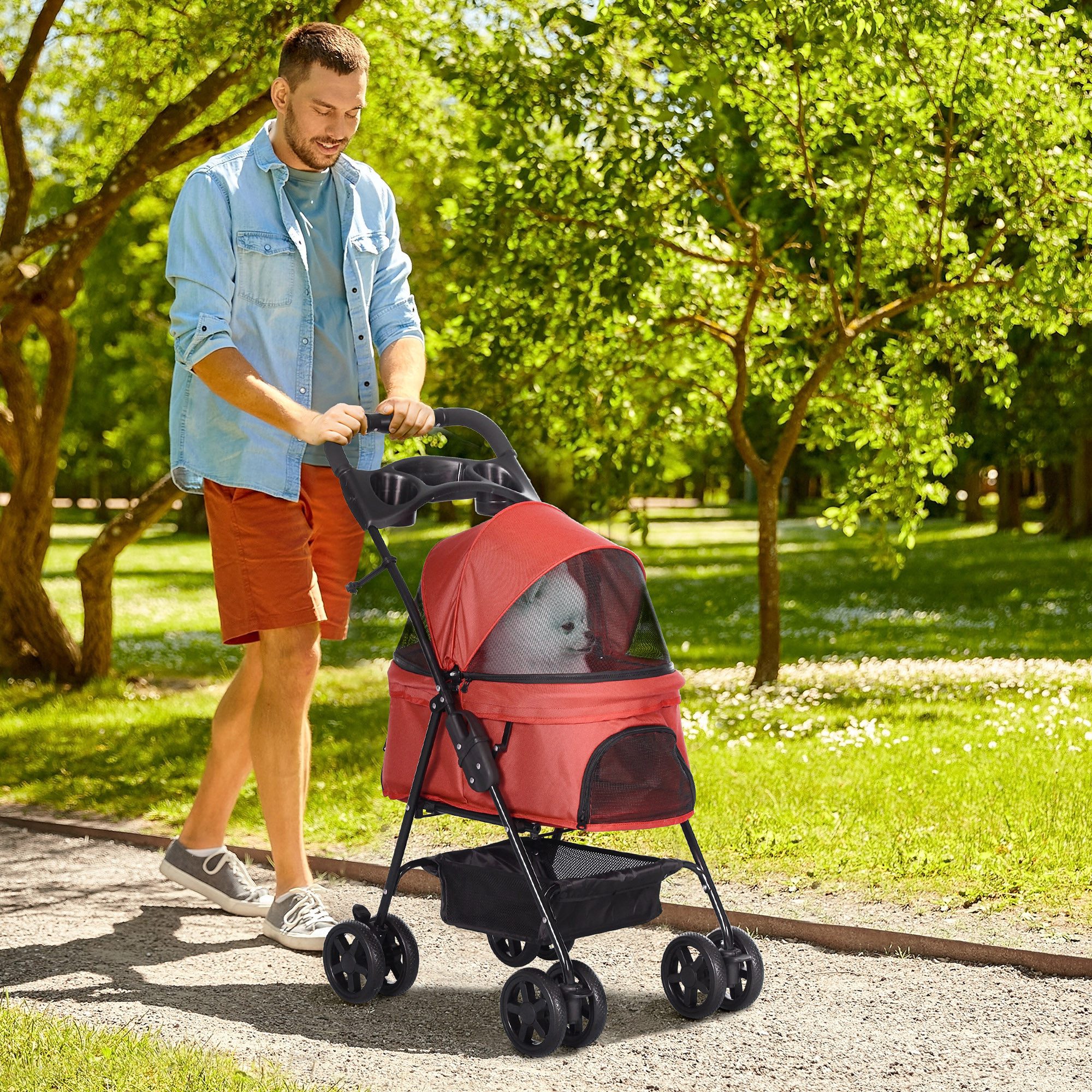 PawHut Hundebuggy Hundewagen klappbar bis 4 kg Katzenbuggy mit Netzfenster, (Haustierwagen, 1-tlg), für kleine Hunde und Katzen, Oxford Rot 67 x 45 x 96 cm