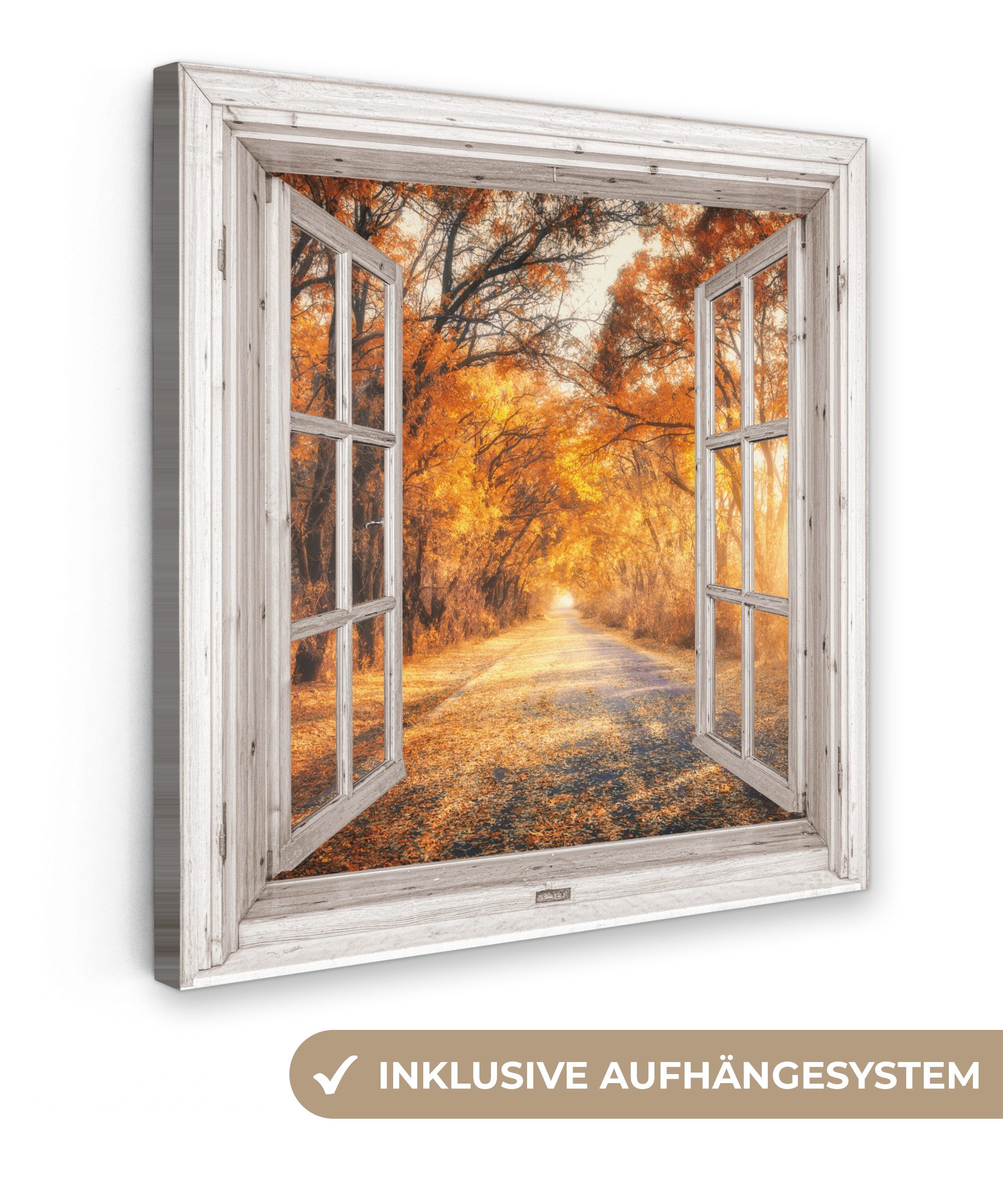 OneMillionCanvasses® Leinwandbild Wald - Herbst - Bäume - Weg - Natur - Fen günstig online kaufen
