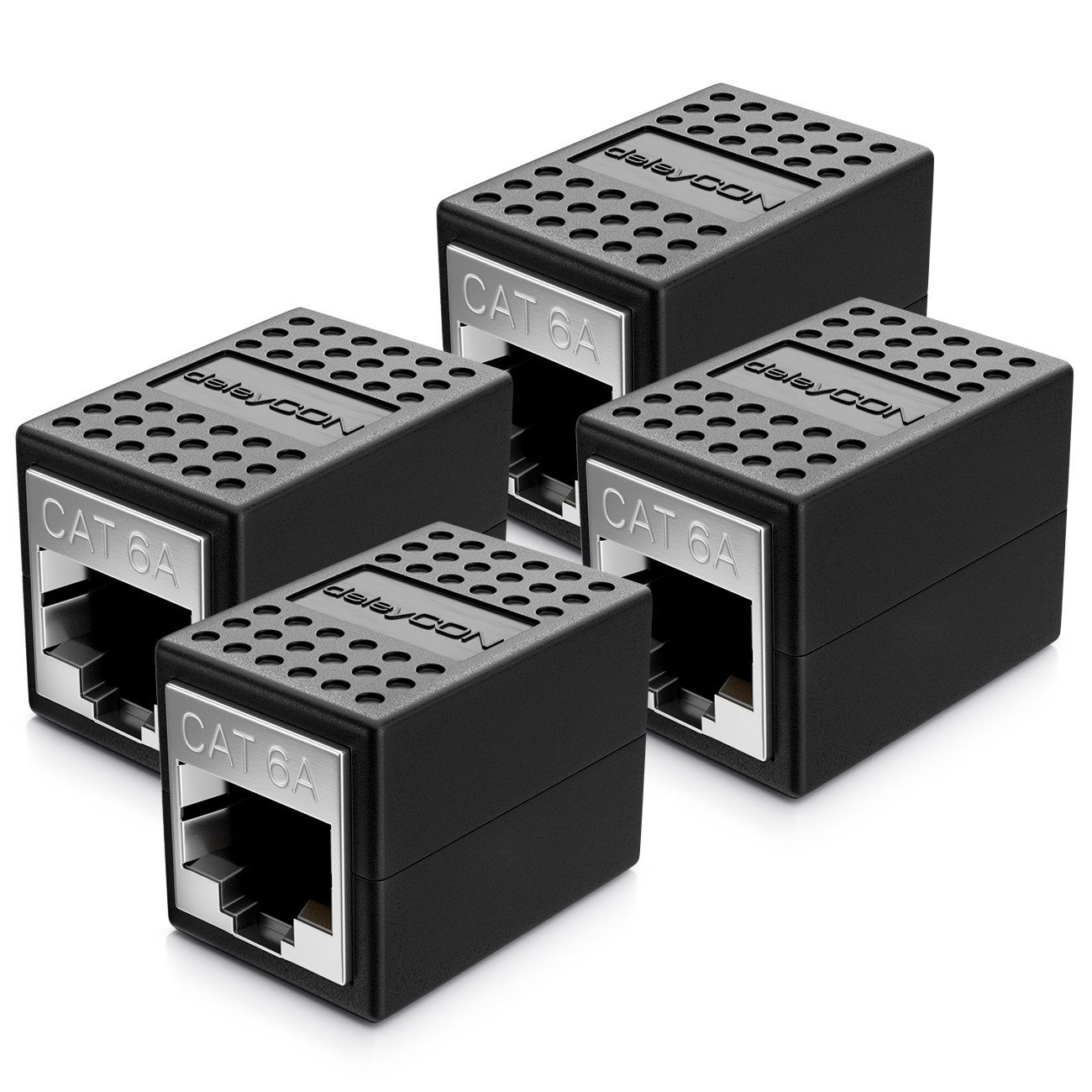 deleyCON deleyCON 4x CAT6a Patchkabel Koppler Modular Geschirmt 2x RJ45 Buchse Netzwerk-Adapter