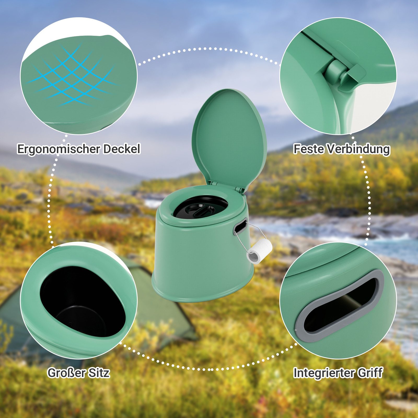 COSTWAY Campingtoilette, tragbar, mit abnehmbarem Eimer, Papierhalter