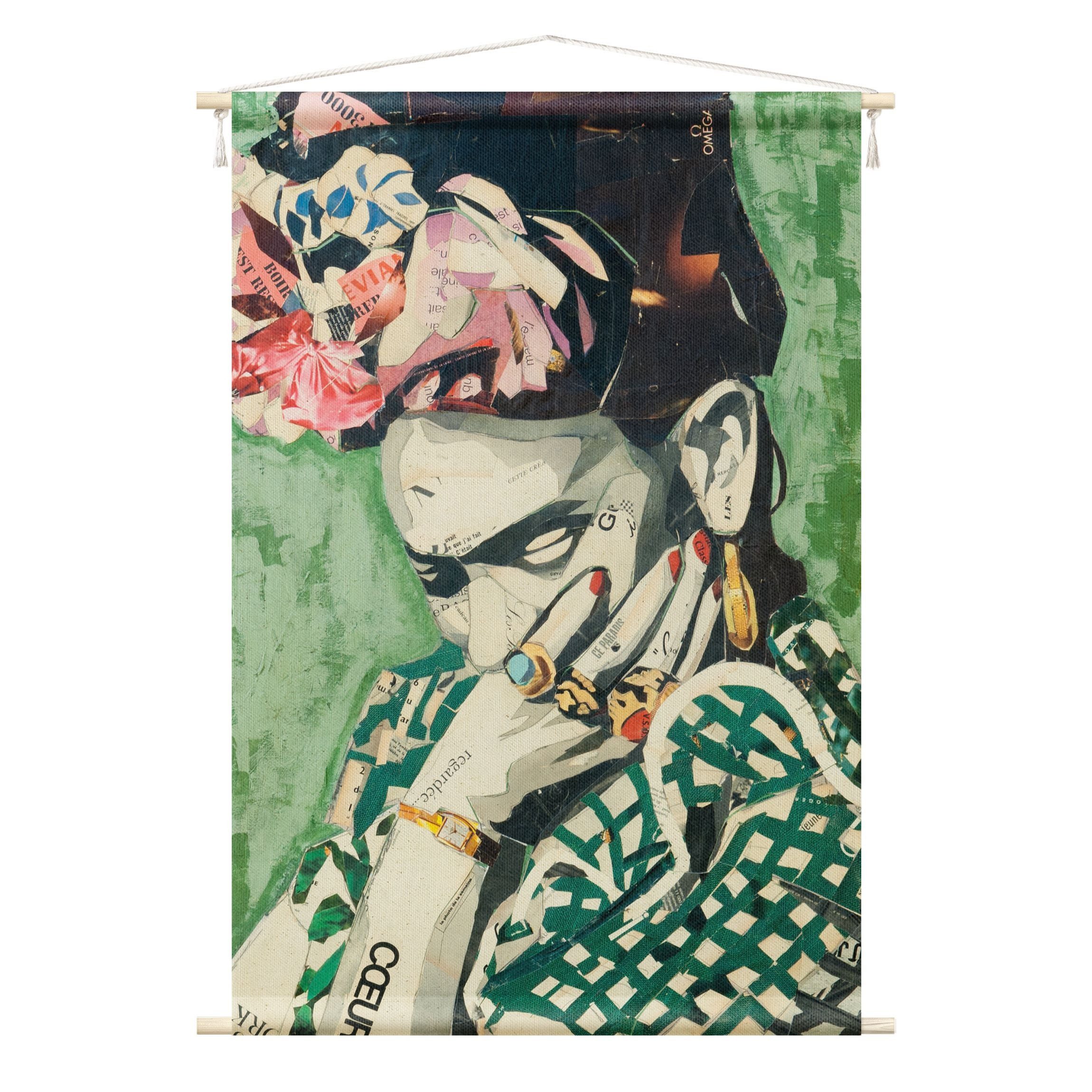 Bilderdepot24 Wandteppich modern Frida Kahlo Kunst grün, rechteckig, Höhe: 2.6 mm, großes Wandbild aus Natur-Baumwolle Wandbehang Stoffbild Tuch Wollseil