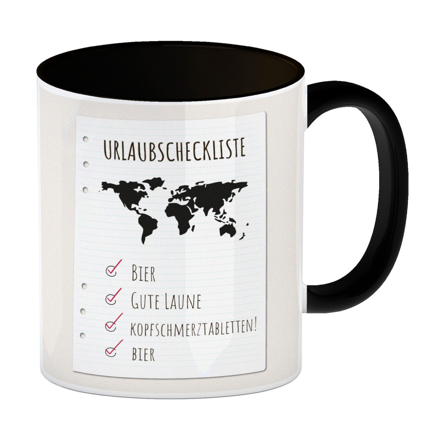 speecheese Tasse Kaffeebecher Schwarz Urlaubscheckliste für Partyurlaub mit Weltkarte