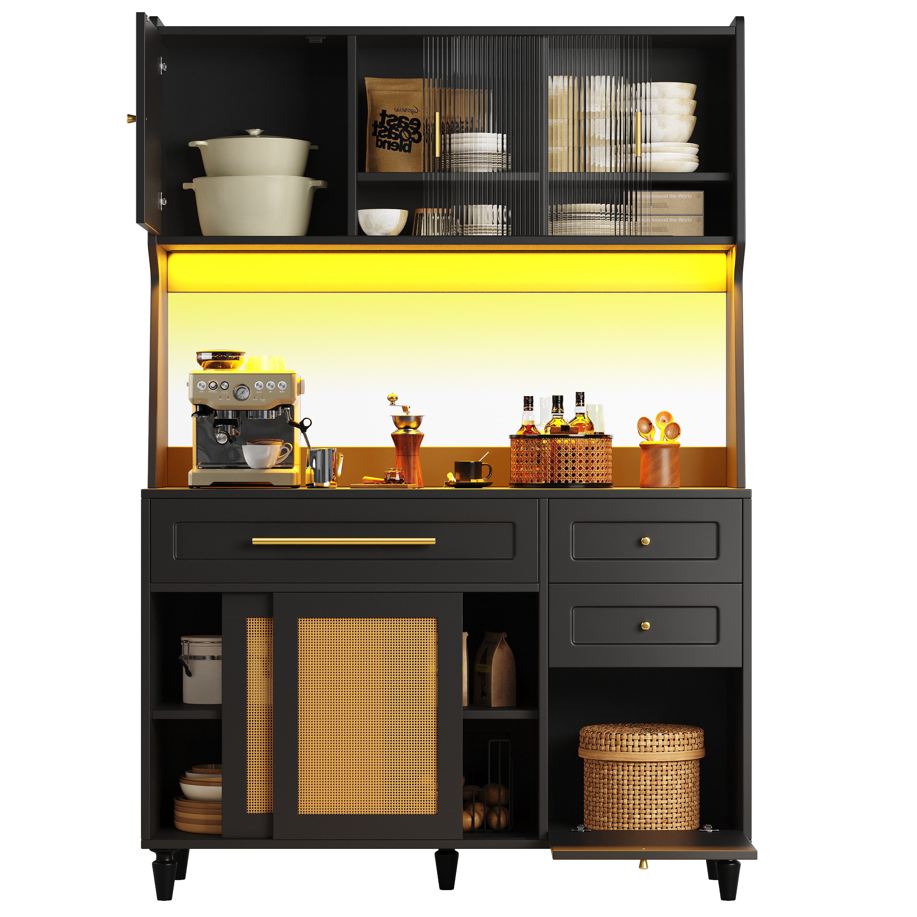 MODFU Hochschrank Küchenschrank,Vitrinenschrank,Buffetschrank (Schwarzer Kü günstig online kaufen