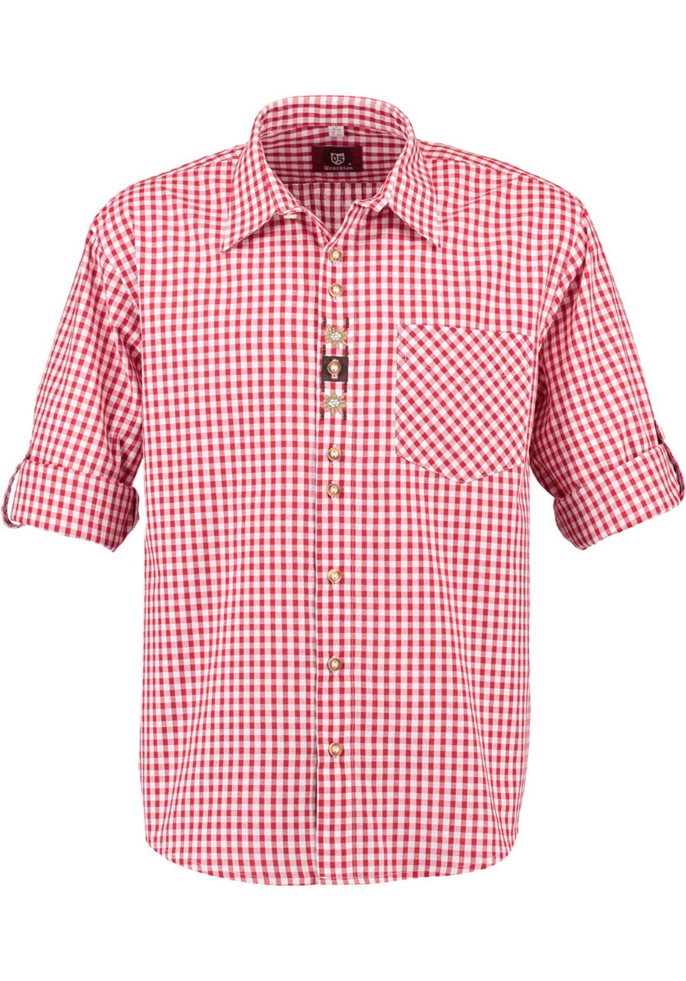 Herren Hemden OS-Trachten Trachtenhemd Utamo Langarmhemd mit aufgesetzter Brusttasche, Edelweiß-Stickerei auf der Knopfleiste