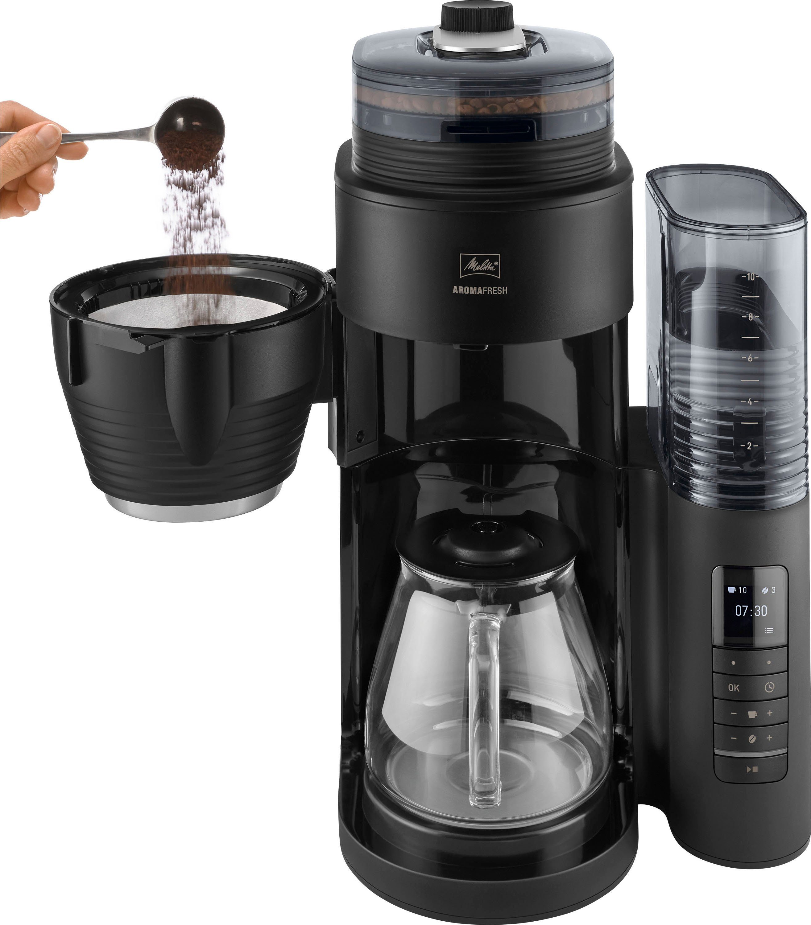 Melitta Kaffeemaschine mit Mahlwerk 1030-02, 1,25l Kaffeekanne, Papierfilter 1x4