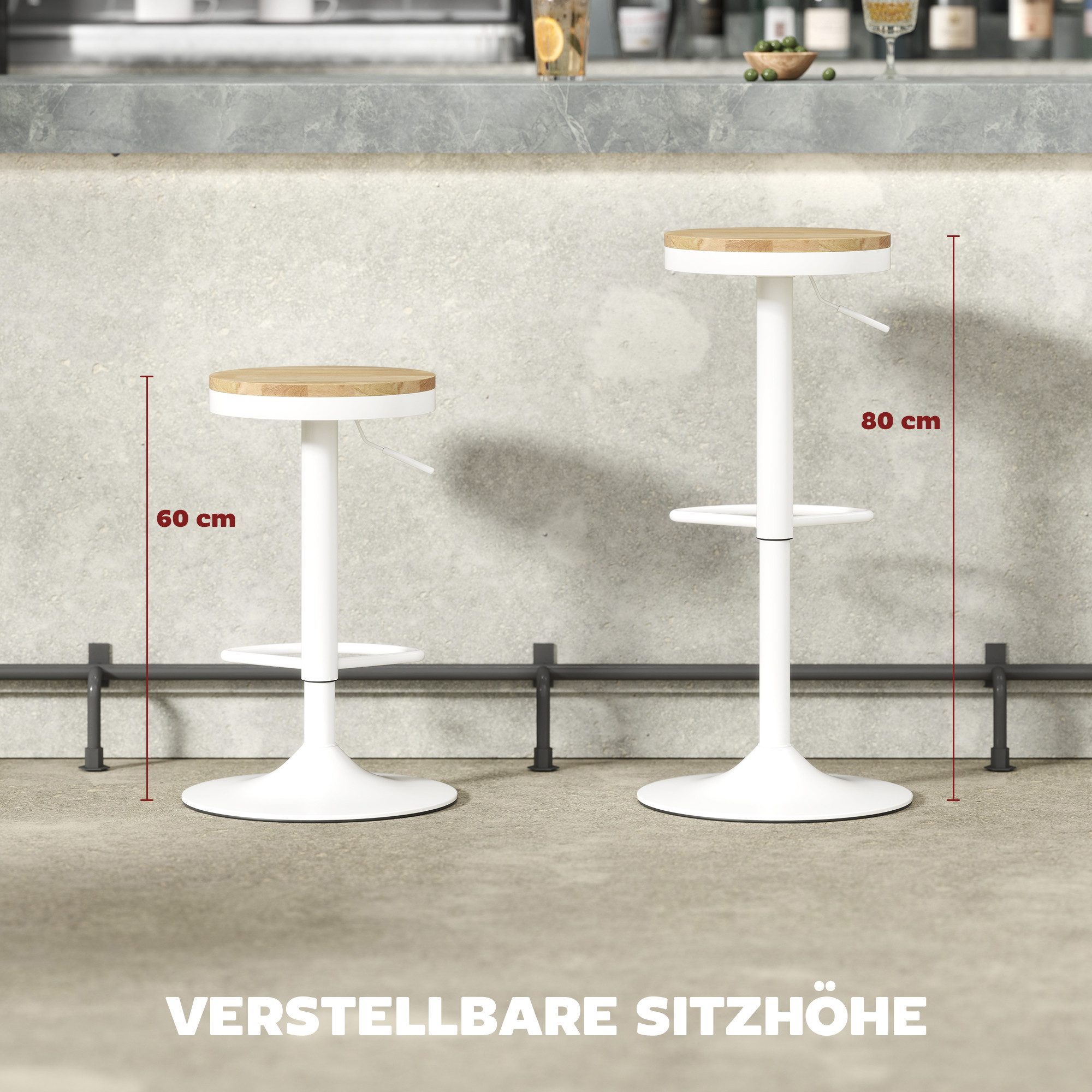 HOMCOM Barhocker Tresenhocker mit Stahlgestell und Fußstütze (360° Drehbar Küchenstühle, 2 St., Höhenverstellbar Barstuhl), für Küche, Wohnzimmer, Esszimmer Nat – Bild 4 von 5