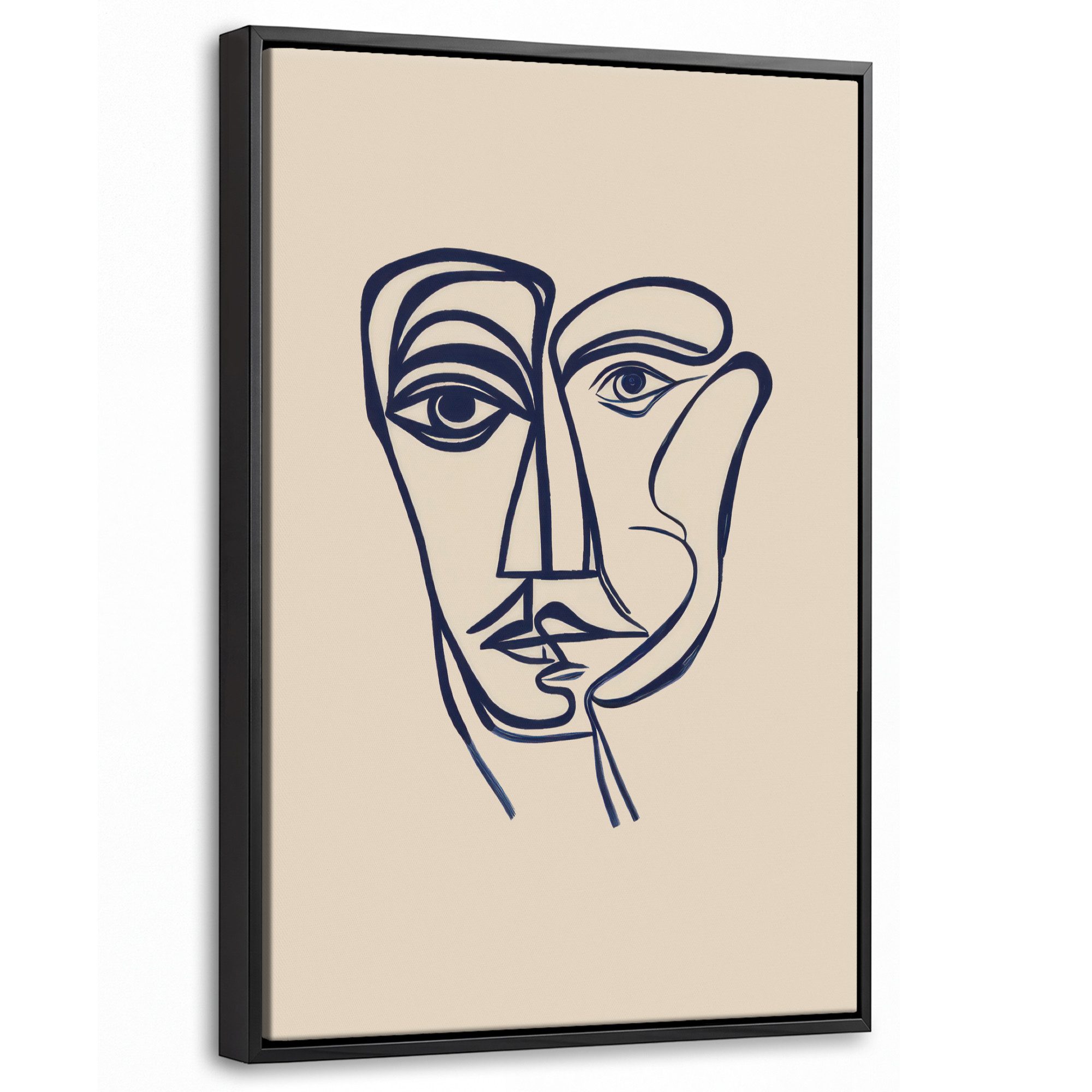 OneMillionCanvasses® Leinwandbild mit Rahmen - Minimalistisch - Linien-Illustration - Beige - Dunkelblau, Fotodruck (1 St), Deko für Wohnzimmer Schlafzimmer Küche 20x30cm