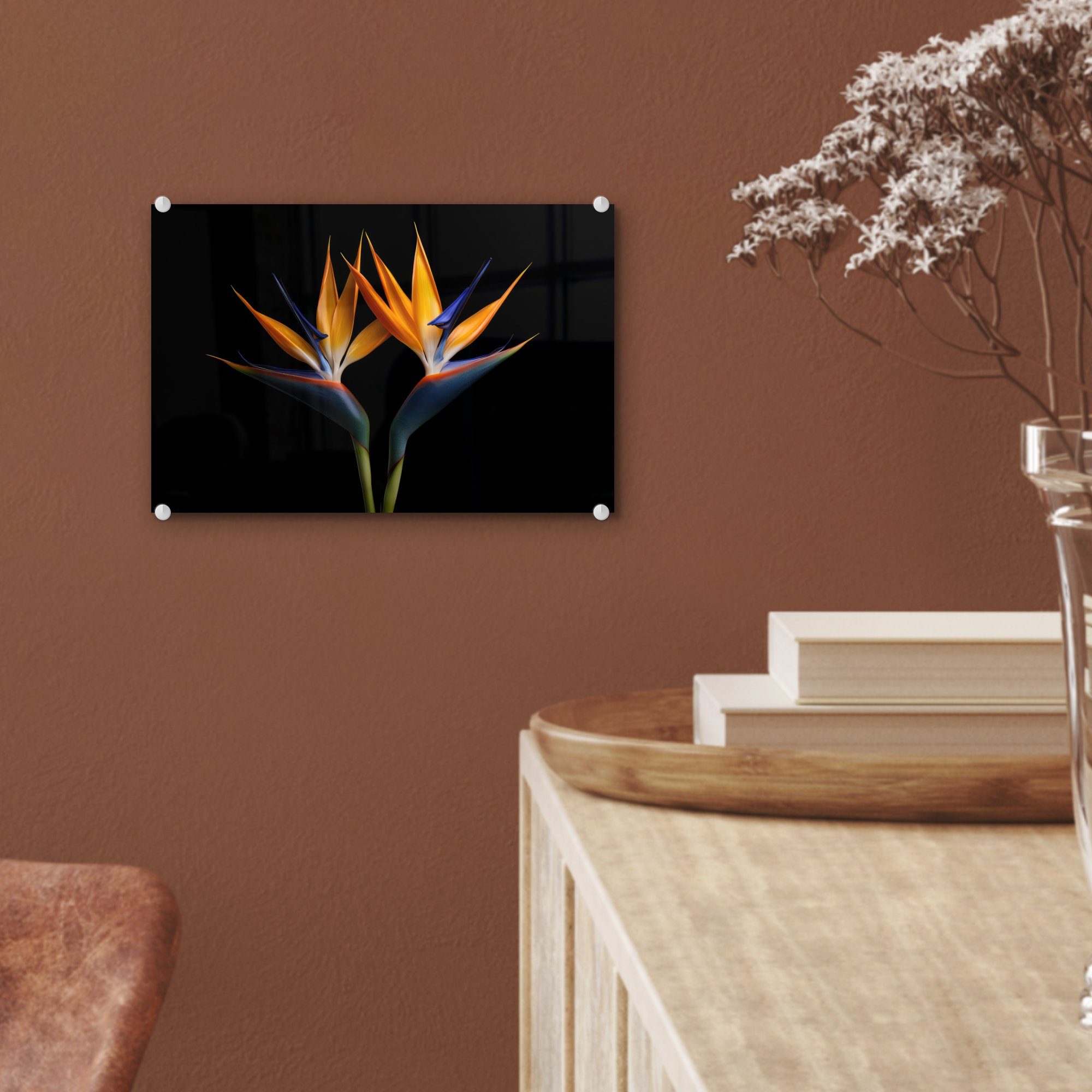 Porträt - - Wandbild auf - - Acrylglasbild Schwarz, Blumen - Glas MuchoWow - Wanddekoration Foto Glas Glasbilder (1 Pflanzen St), Paradiesvogelblume Bilder - auf