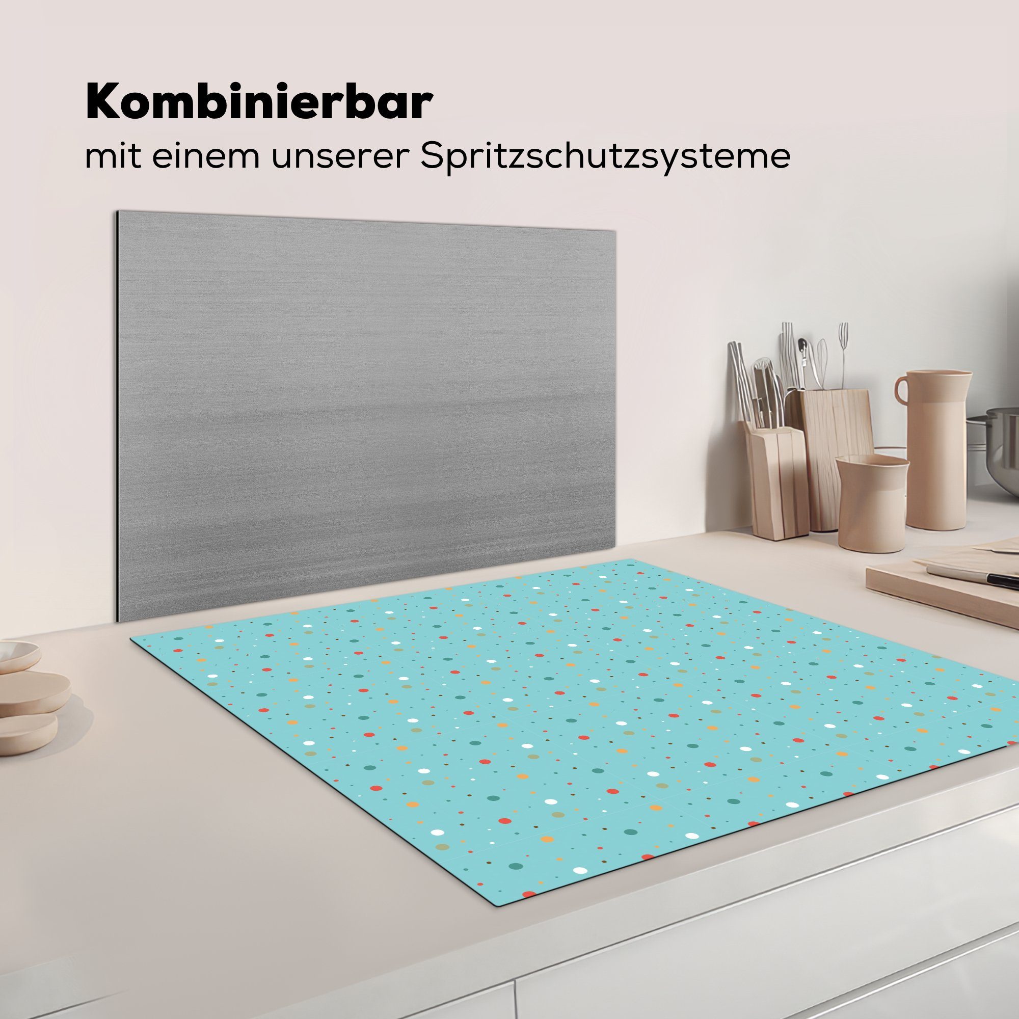 Vinyl, für - tlg), 78x78 Arbeitsplatte küche cm, Muster, Blau dots - Herdblende-/Abdeckplatte Polka Ceranfeldabdeckung, (1 MuchoWow