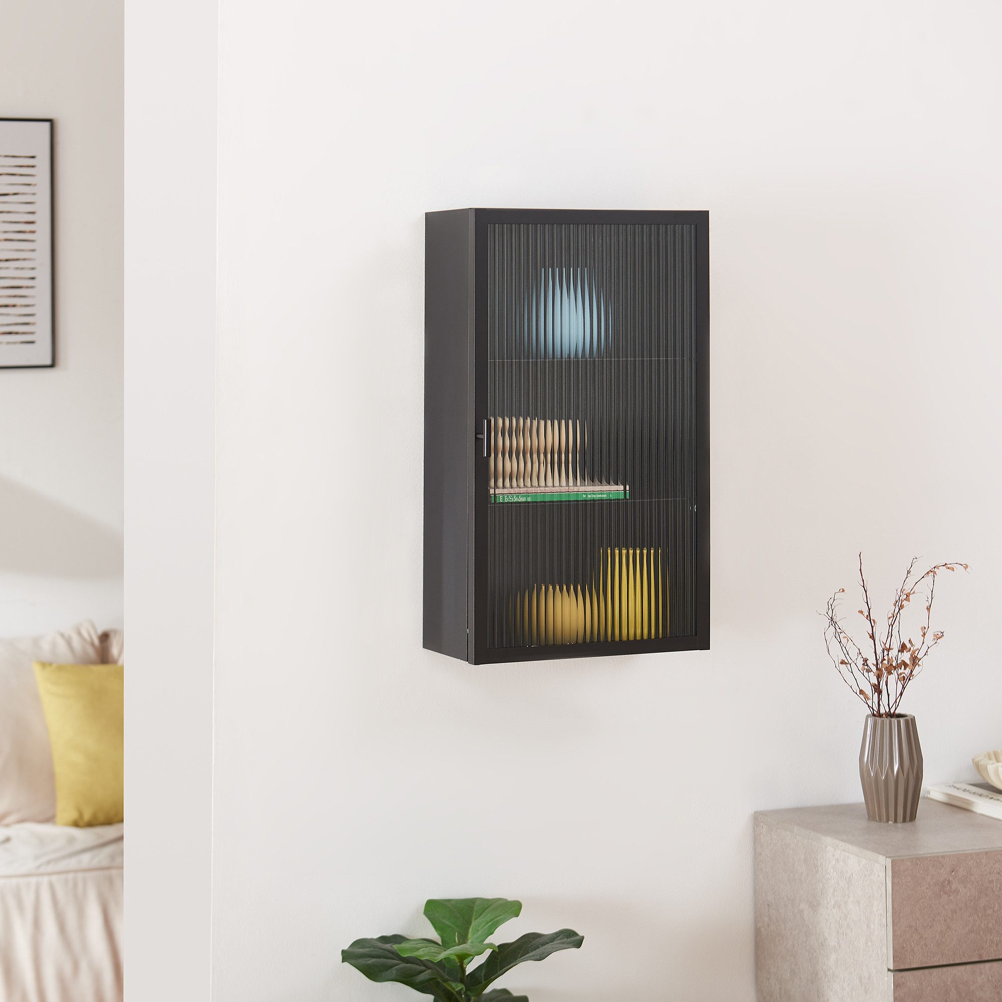 en.casa Hängeschrank »Zundert« 60 x 35 x 15 cm mit geriffelter Glastür Stahl Schwarz – Bild 2 von 5