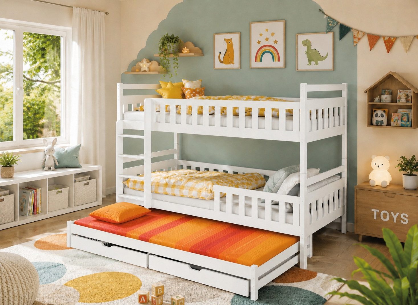 Kids Collective Etagenbett Hochbett Stockbett Kinderbett 90x200 cm mit Ausziehbett und Schubladen (Umbaubar zu 3 Einzelbetten), mit Lattenrosten & Rausfallschutz weiß