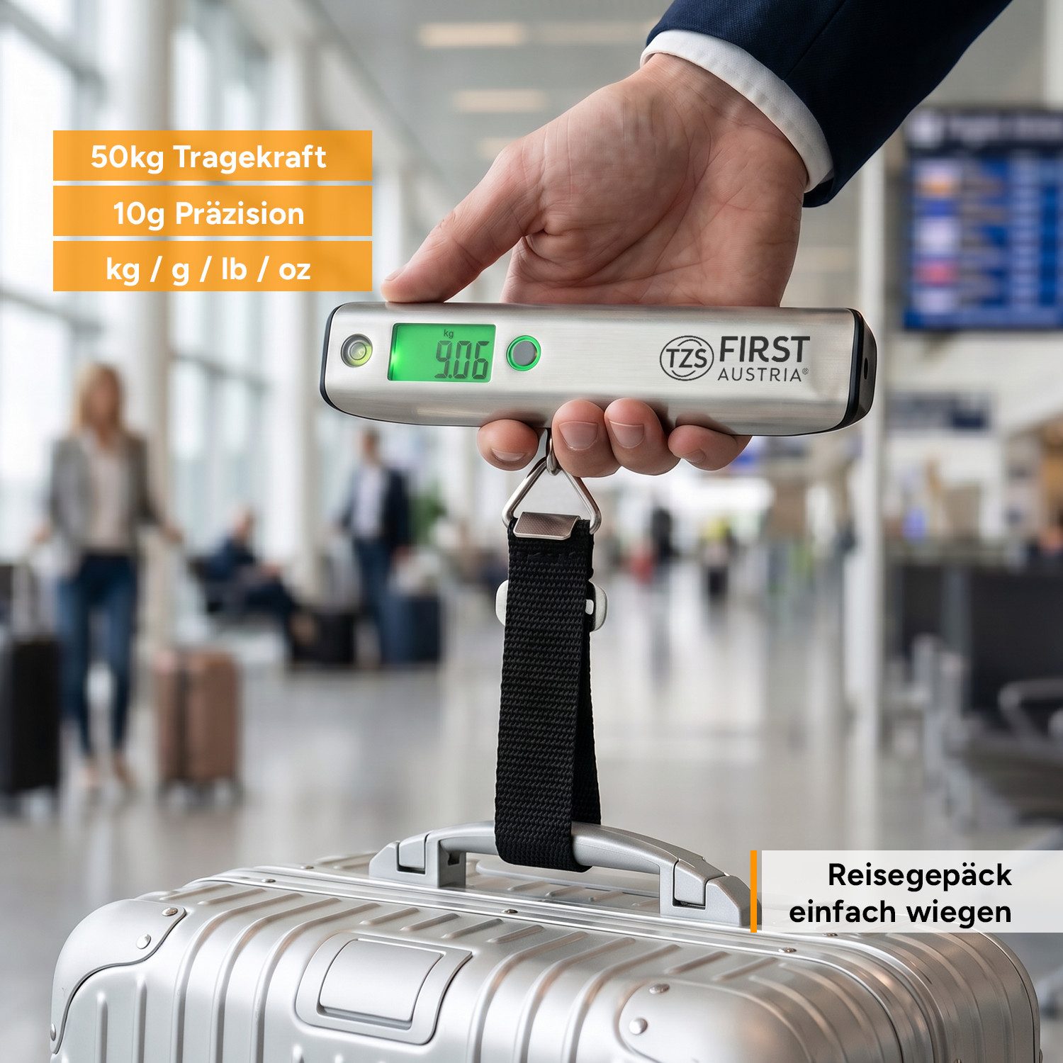 TZS FIRST AUSTRIA Kofferwaage Tragbar bis 50 kg, Einheiten kg/lb, Überlastungsanzeige, Auto-Off, Tragkraft 50 kg, (1-tlg), Gepäckwaage mit Tara-Funktion, LCD-Di – Bild 4 von 5