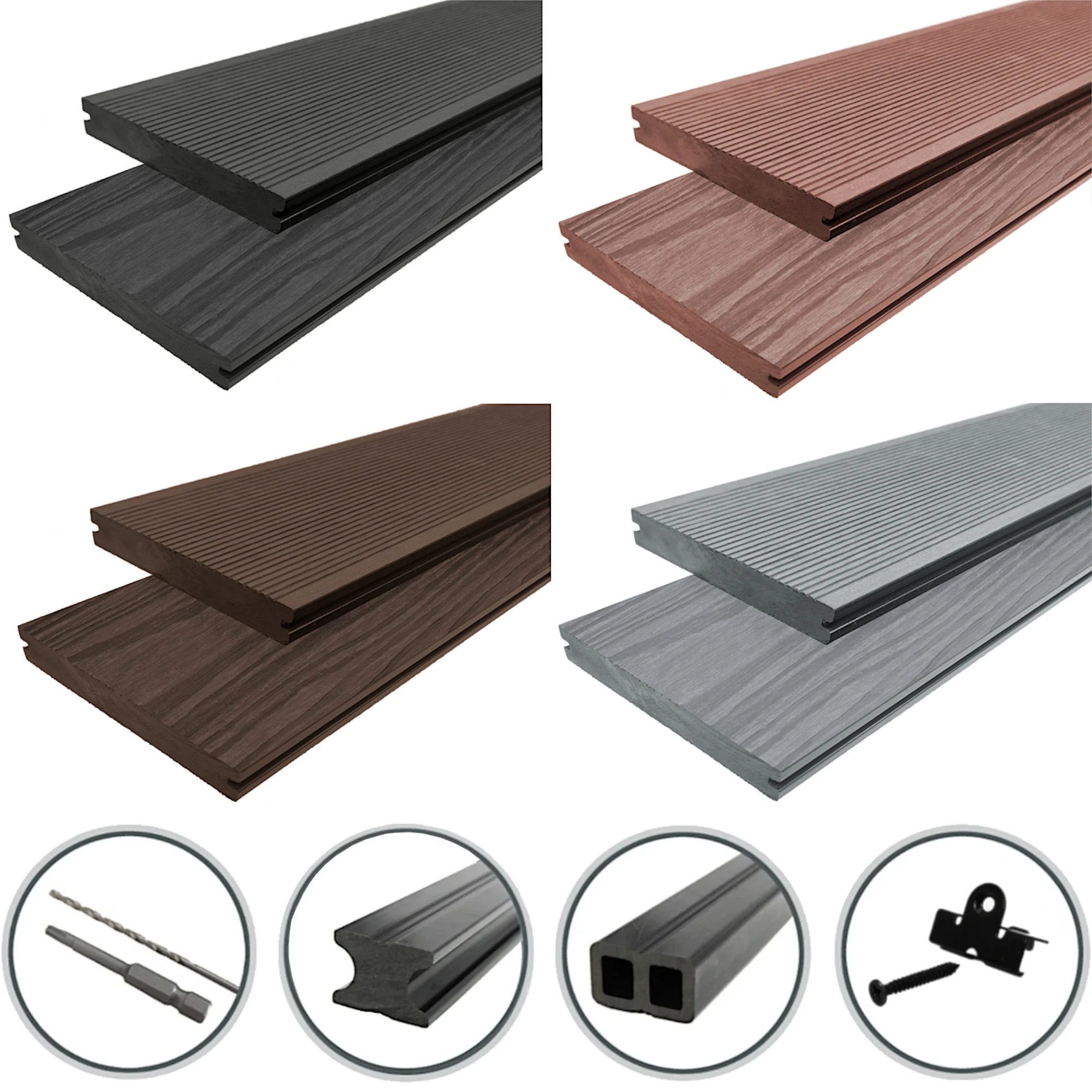 WPC Profi Terrassendielen Terrassen Garten Massiv Diele 20mm, (Komplettset, mit Unterkonstruktion, Clips und Schrauben)