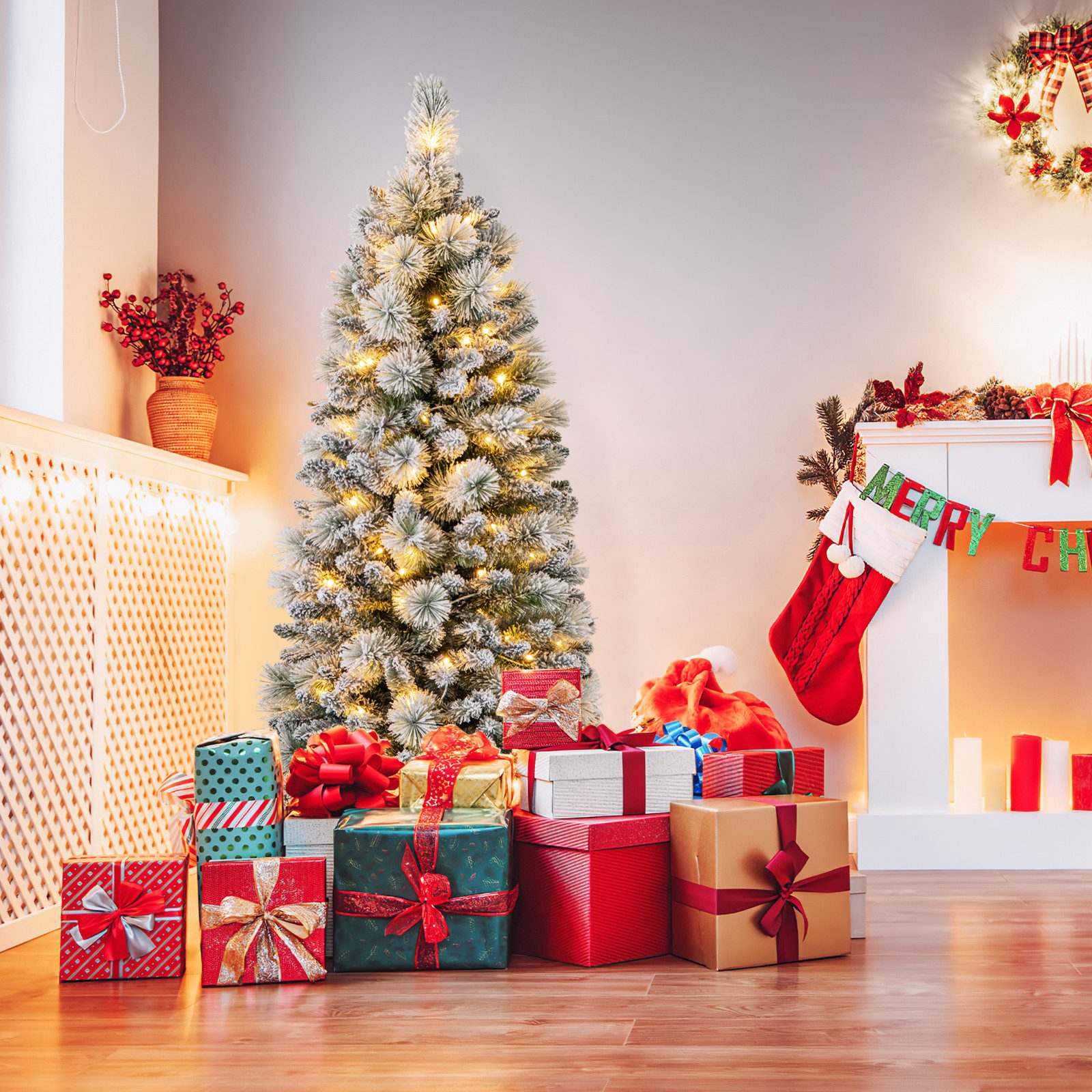 COSTWAY Künstlicher Weihnachtsbaum, 150cm 130 warmweiße LEDs 378 Zweigspitze