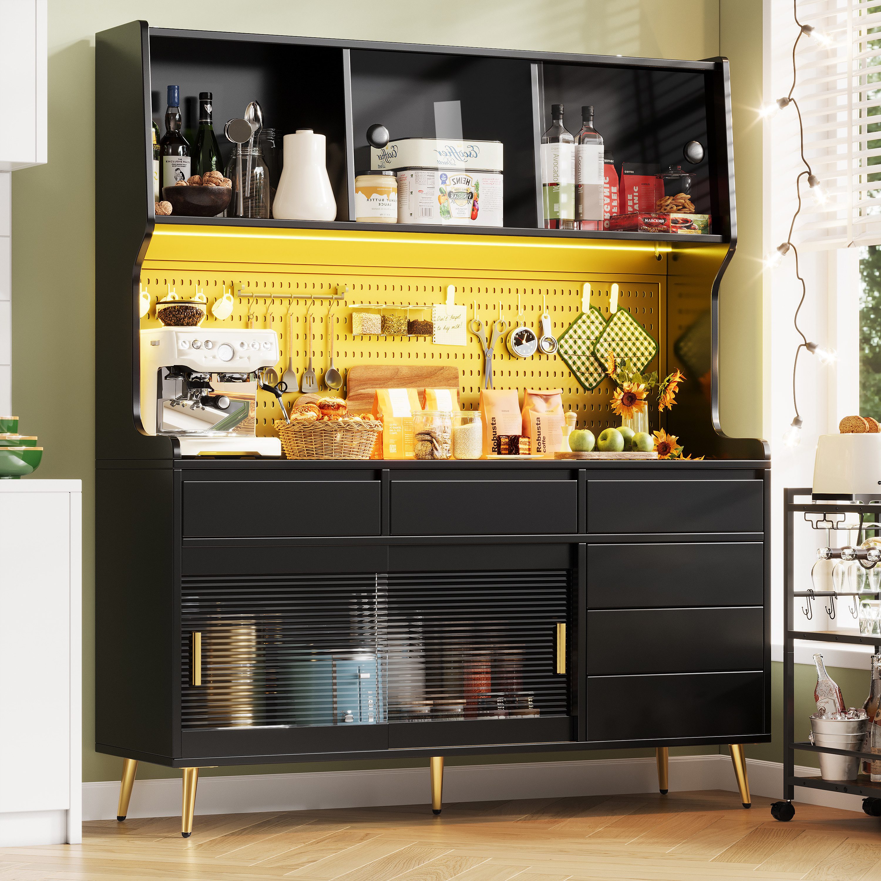 Flieks Küchenbuffet mit LED-Beleuchtung, Lochwand, Glasschiebetüren und 6 Schubladen (1-St., 145x39x171 cm) Hochschrank Küchenschrank Geschirrschrank mit Arbeitsplatte Schwarz