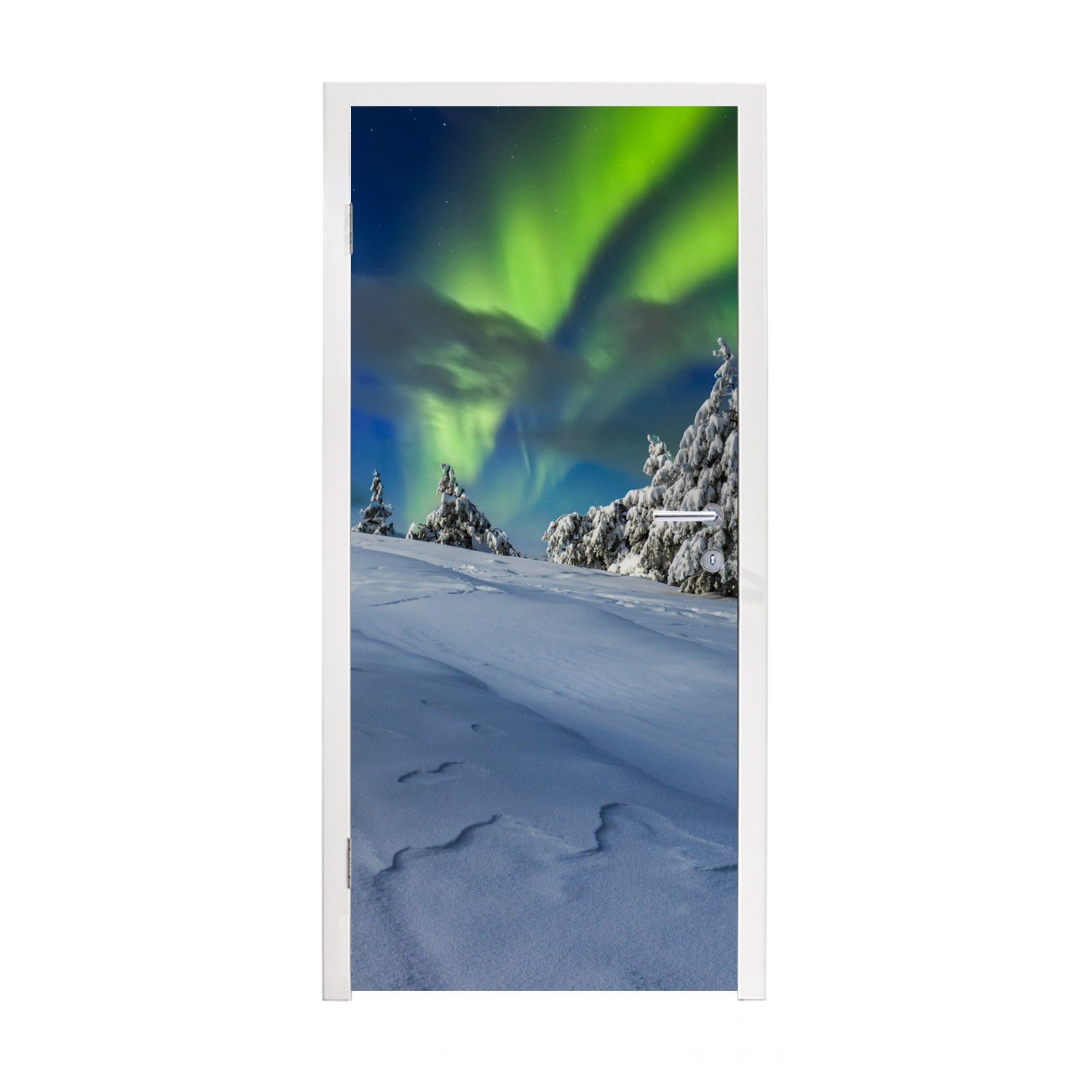 MuchoWow Türtapete Nordlichter - Schnee - Baum - Winter, Matt, bedruckt, (1 St), Fototapete für Tür, Türaufkleber, 75x205 cm