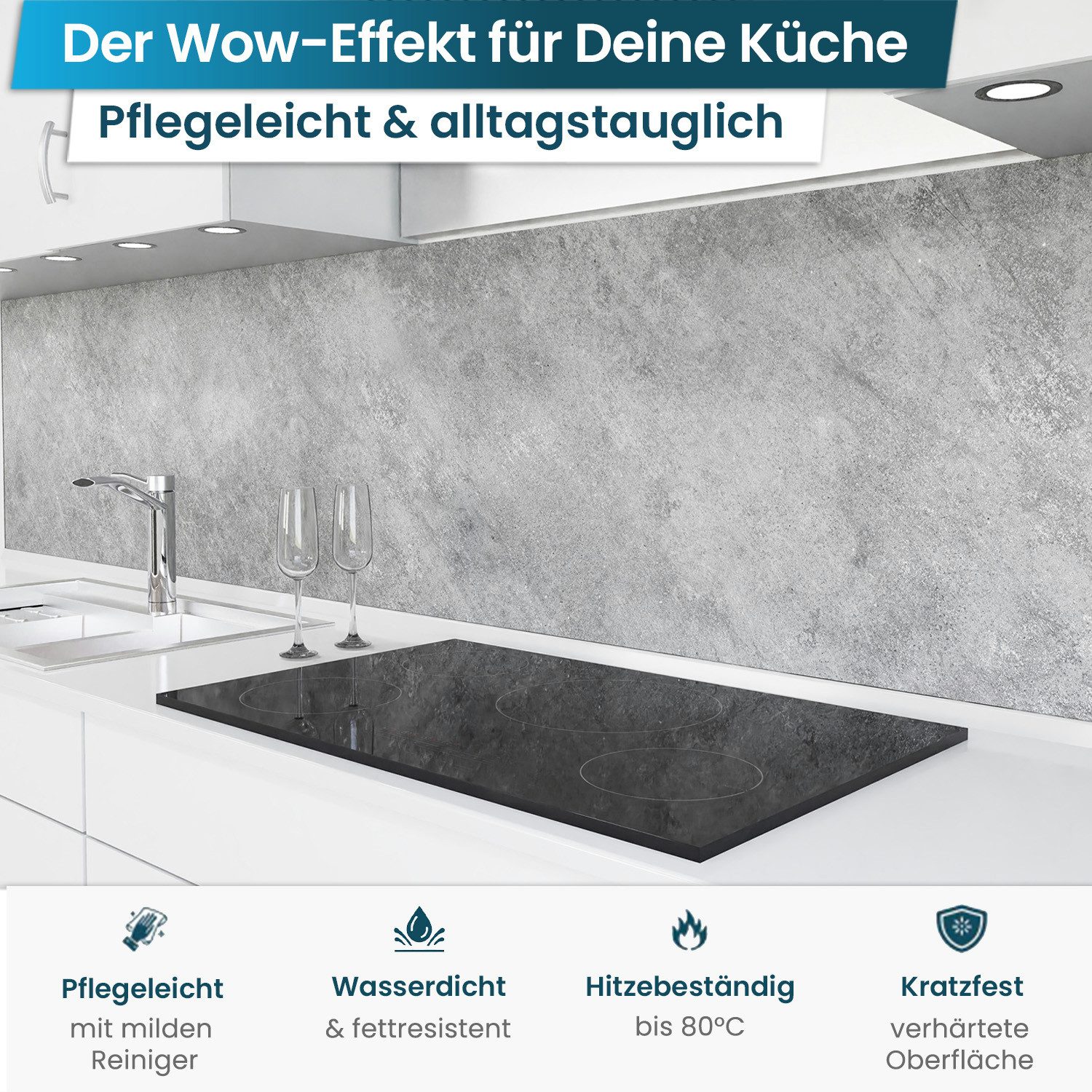danario Küchenrückwand Folie selbstklebend - Matt - Spritzschutz Küche - versteift & robust