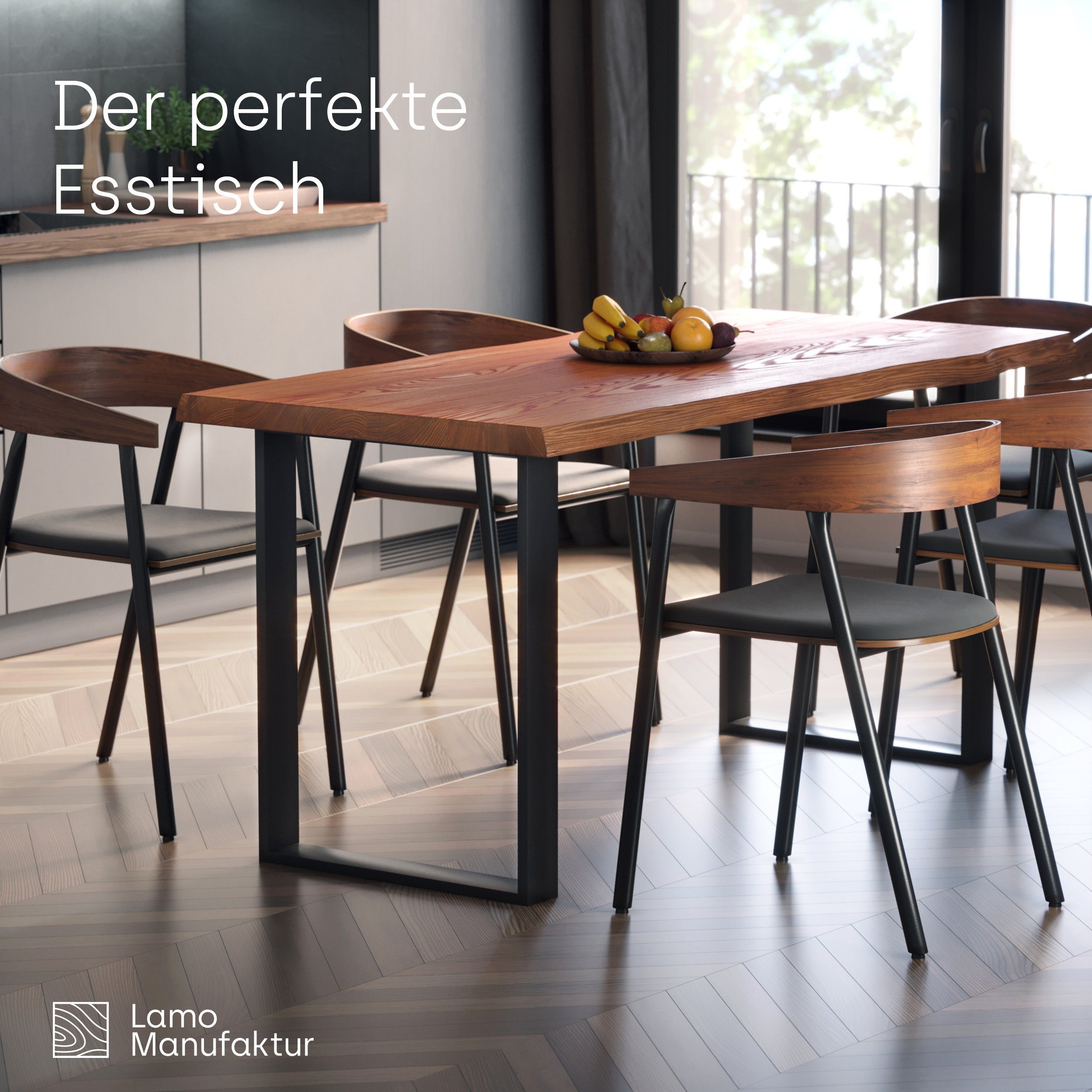 Esstisch Rustikal LAMO (1 Klarlack Baumkantentisch Tisch), massiv Loft Manufaktur mit Baumkante | Rohstahl Massivholz Metallgestell inkl.