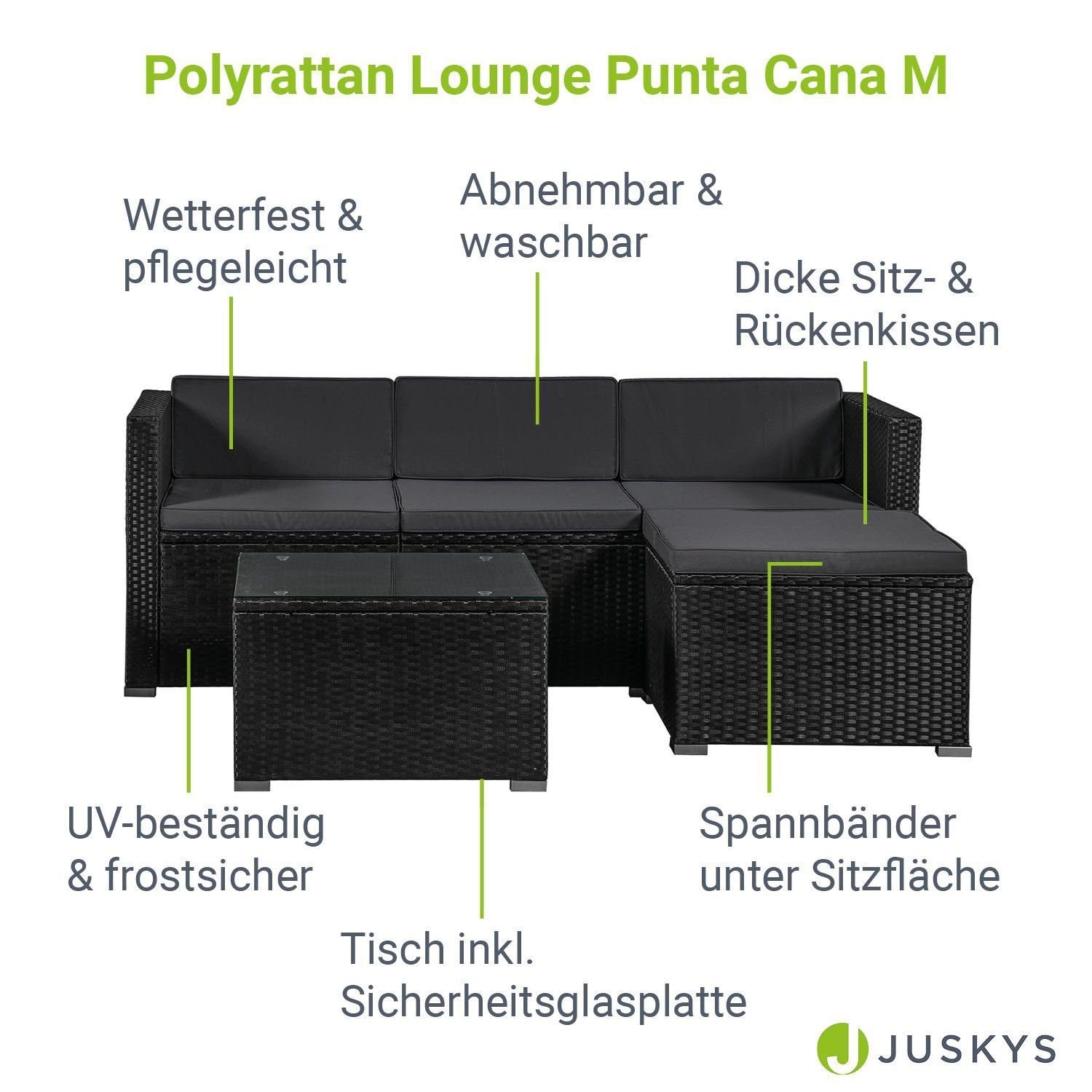 1 Cana, und 1 Schwarz Polyrattan mit (Set, Sofa Juskys Tisch, Sitzgarnitur Gartenlounge-Set Sitzgruppe), Punta Hocker 1