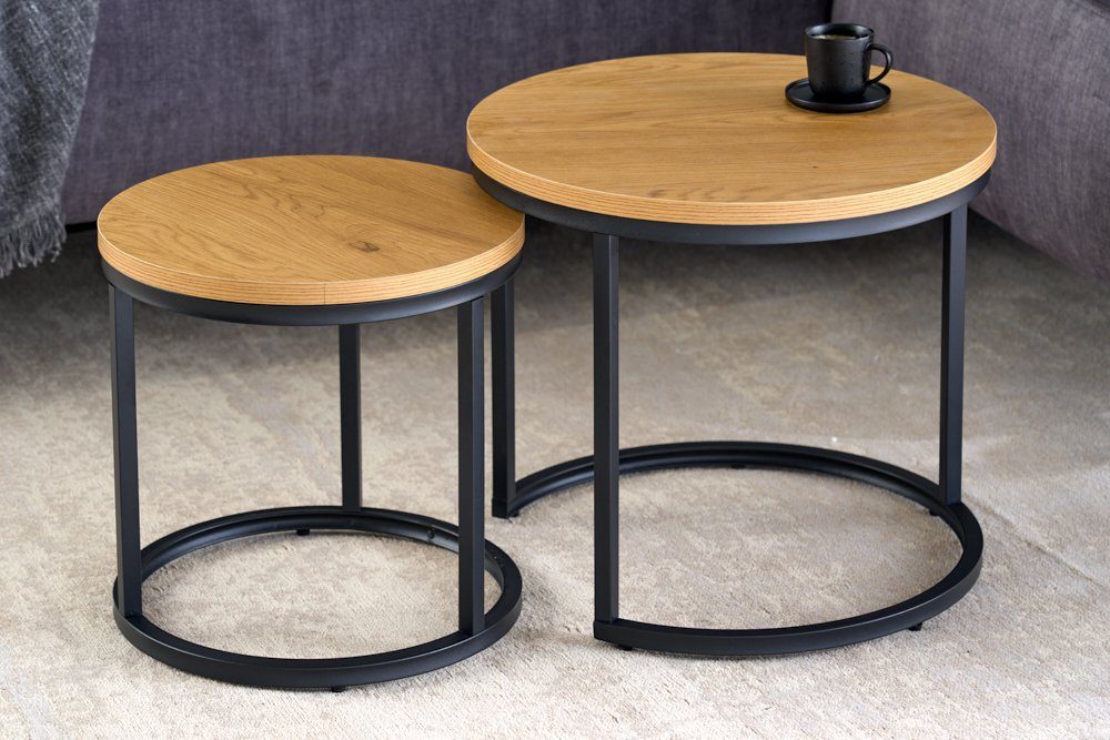 riess-ambiente Couchtisch ELEGANCE 45cm natur / schwarz (Set, 2-St., 2x Beistelltische), Wildeiche-Holz-Design · Metall · rund · Industrial · Wohnzimmer