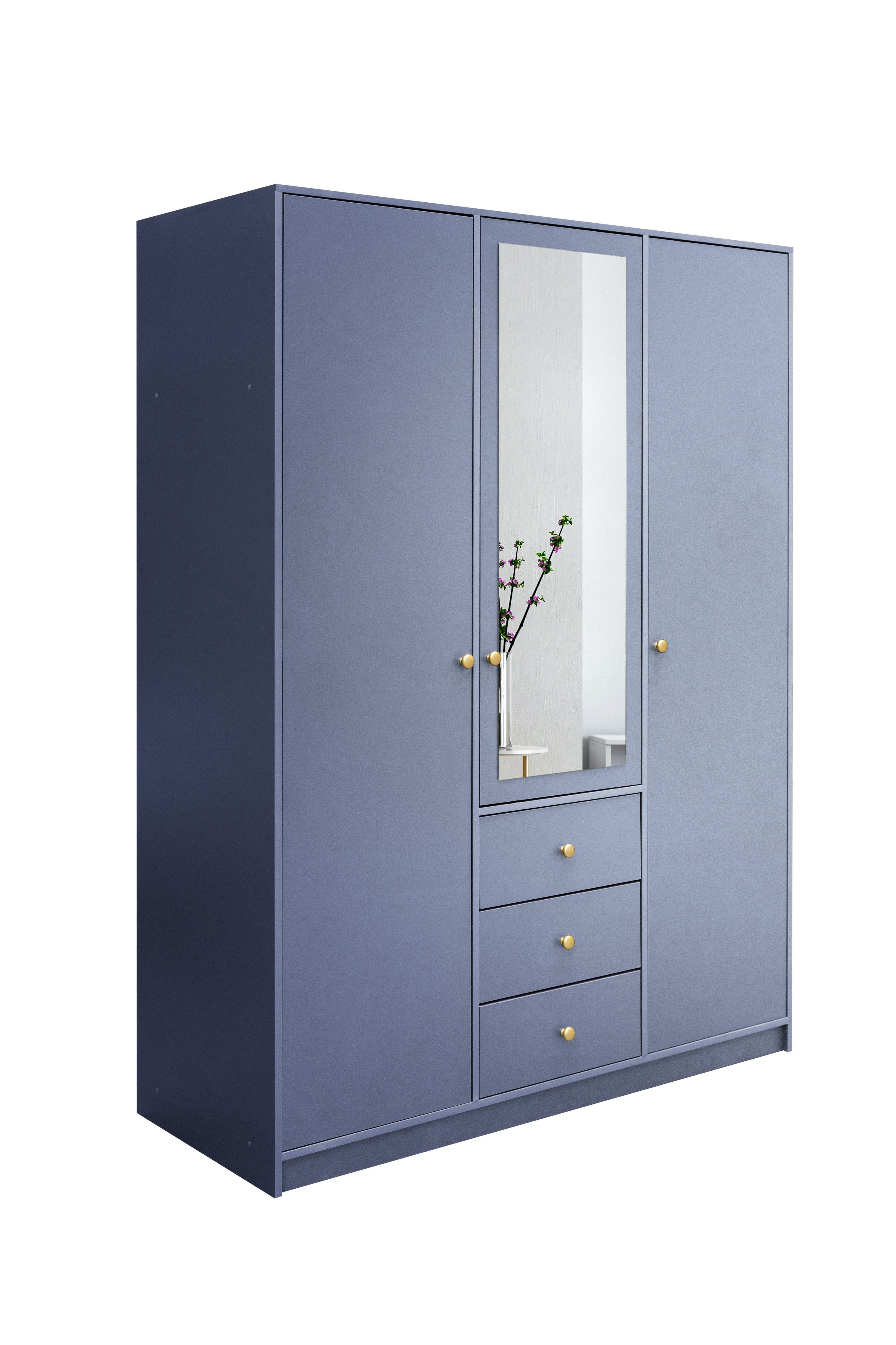 Masseno Drehtürenschrank GALIO 149 cm Kleiderschrank mit Spiegel 3 Türen und 3 Schubladen Blau