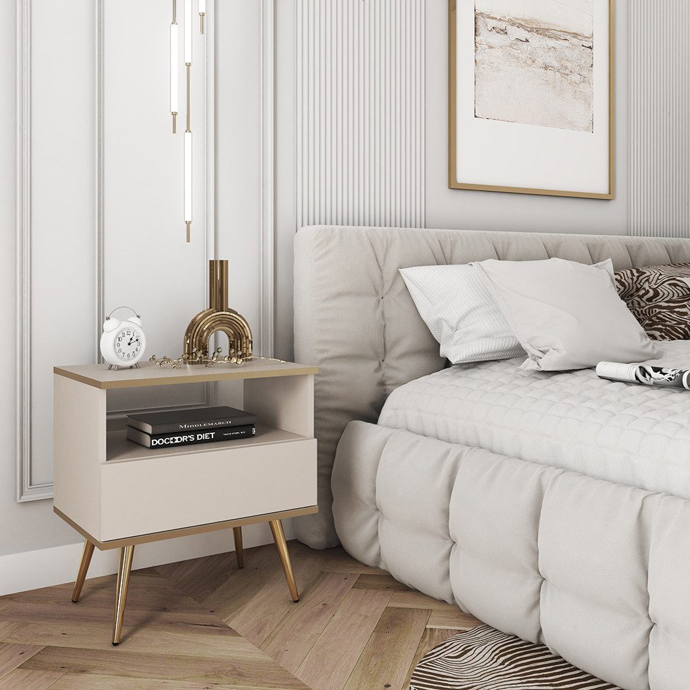 Lomadox Nachtschrank OLOVO-160 Beige, goldfarbenen Details, Schublade, Metallbeine in Goldfarben