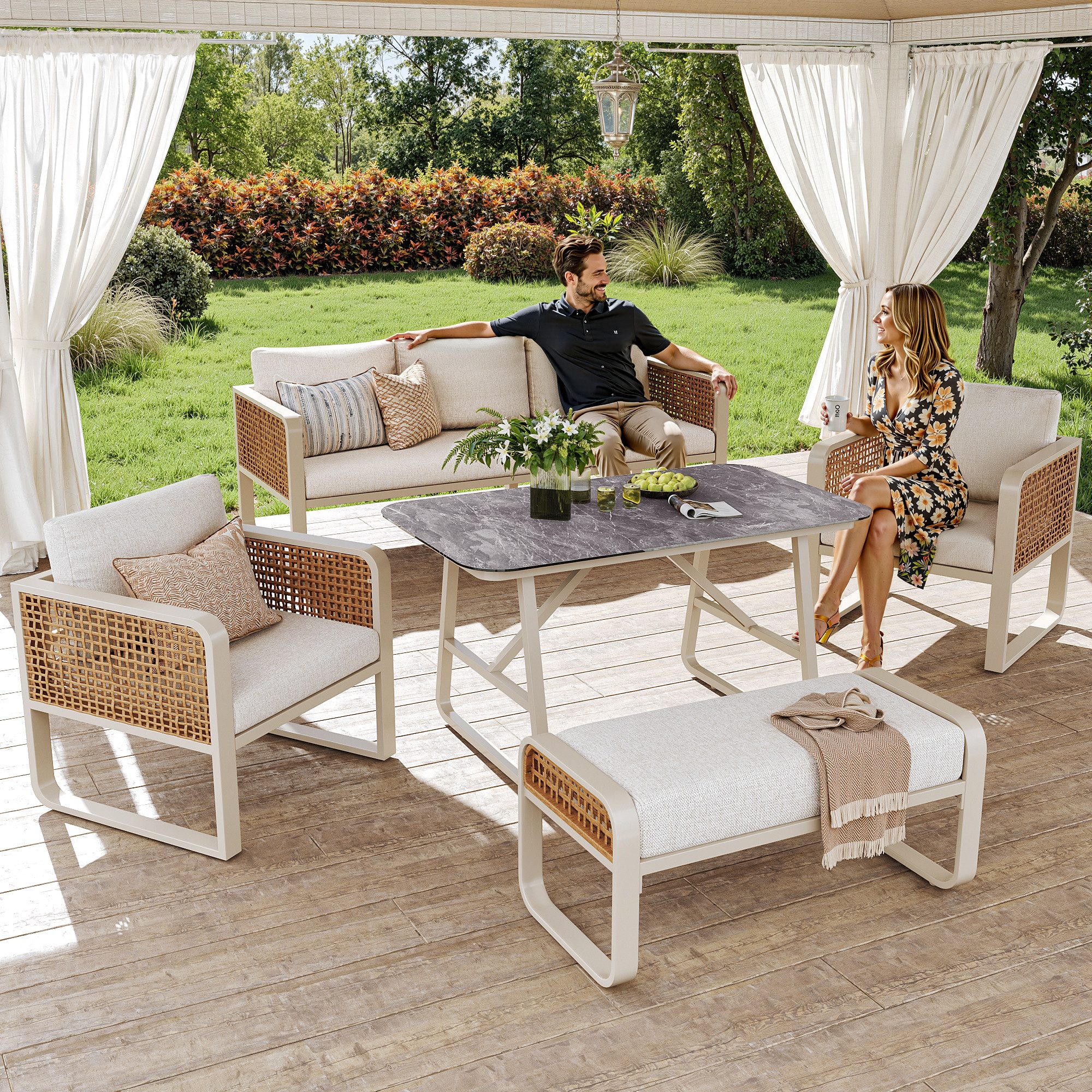STILVORA Gartenlounge-Set für 6-7 Personen Gartenmöbel Set 1 Tisch Ecksofa mit Sitz&Rückenkissen, (Gartenlounge-Set – PE-Rattan Beigefarben, 5-tlg), mit Relaxfunktion