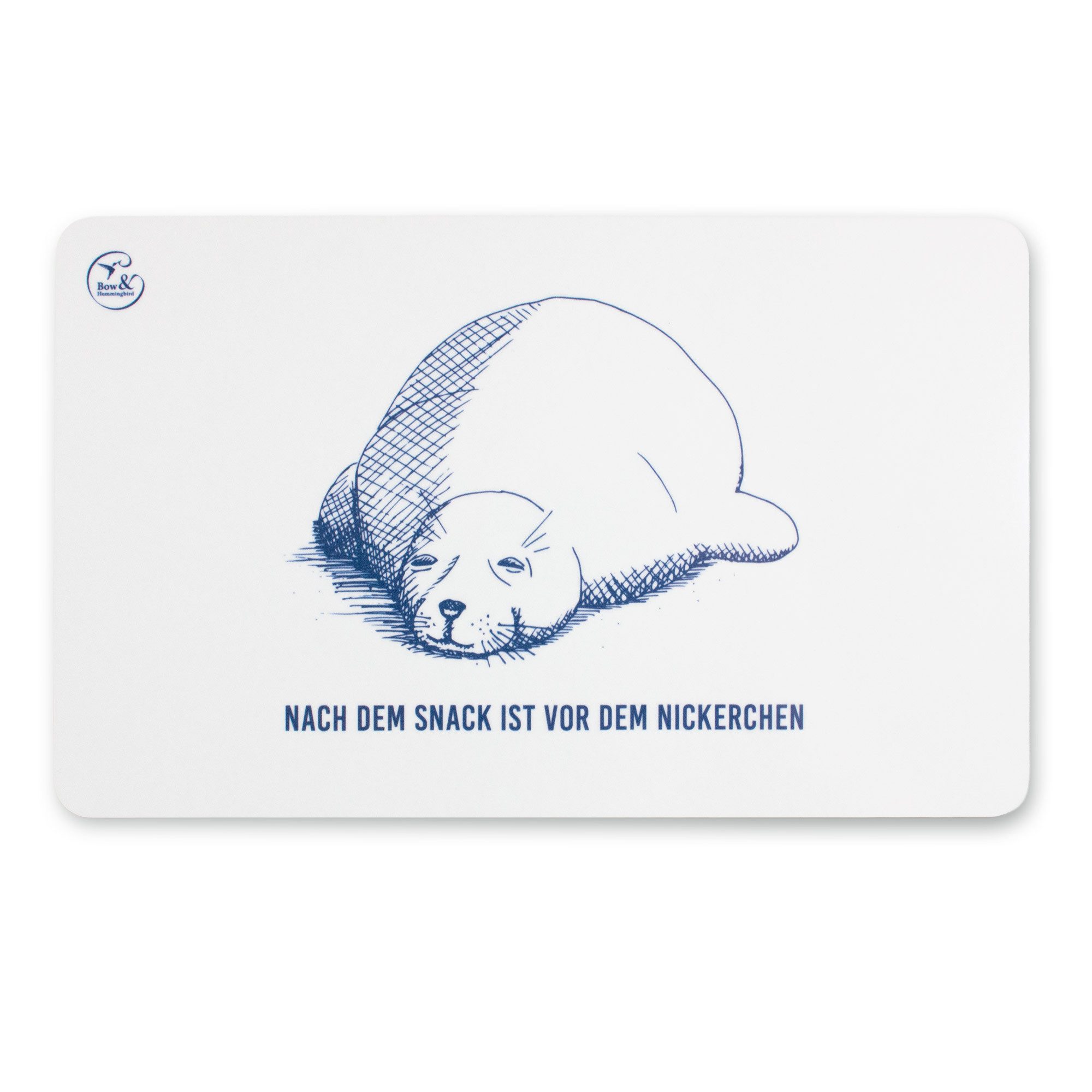 Bow & Hummingbird Frühstücksbrett Frühstücksbrettchen Seehund mit Spruch „Nach dem Snack“, Melamin, (maritimes Brettchen 23,5 × 14,5 cm), Spülmaschinengeeignet