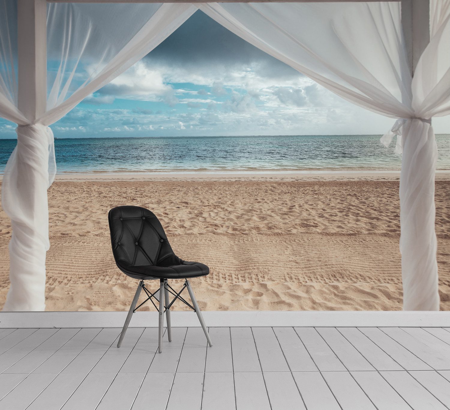 queence Fototapete Pergola am Meer, glatt, Meer, bedruckt, orientalisch, realistisch, Strand, Motiv, (4 St), Wandpaneele, selbstklebend, Tapete, Sticker, Wanddeko, XXL-Fotomotiv