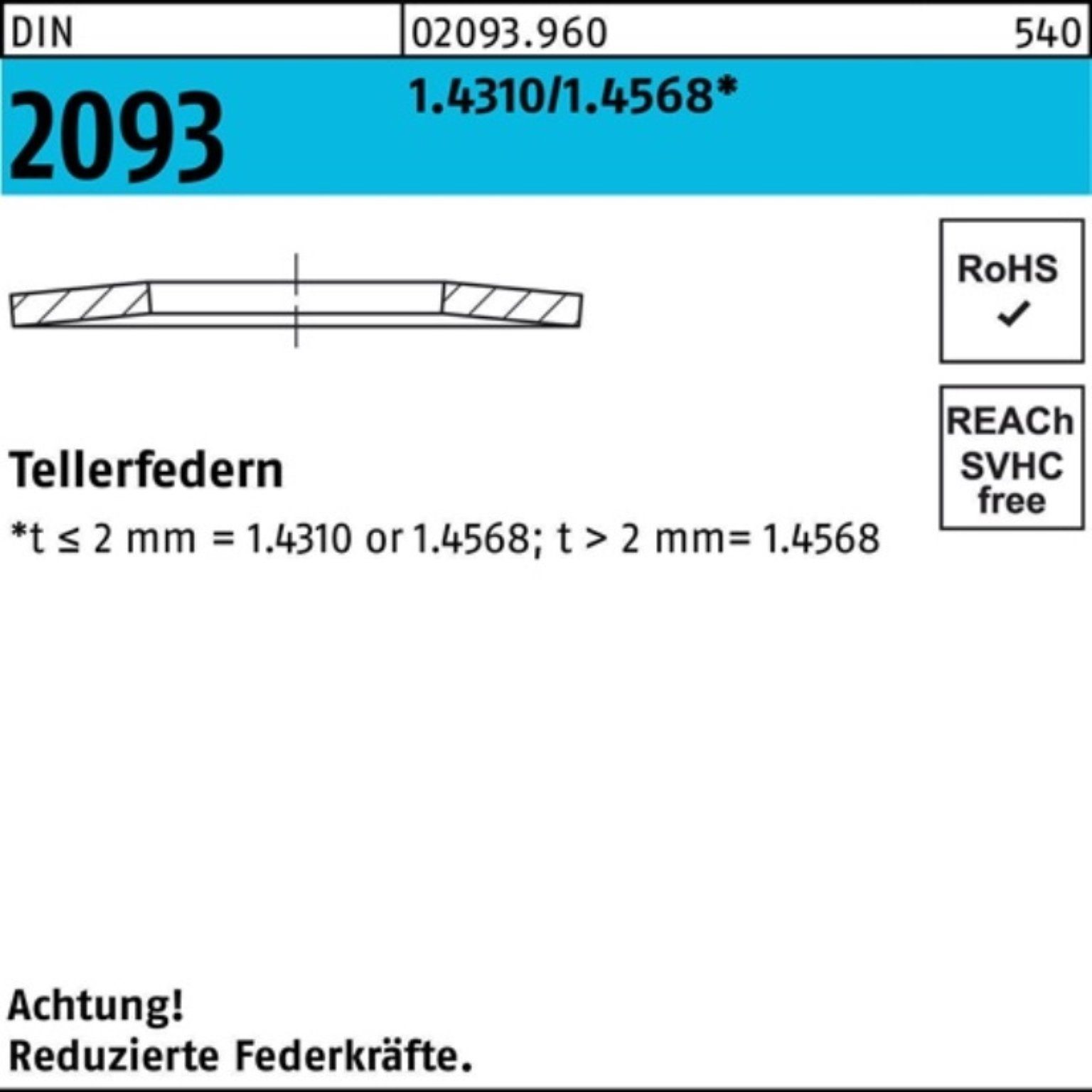 200 Pack Reyher 1.4310/1.4568 Tellerfeder D DIN 200er Stück Tellerfeder 18x 9,2x0,7 2093