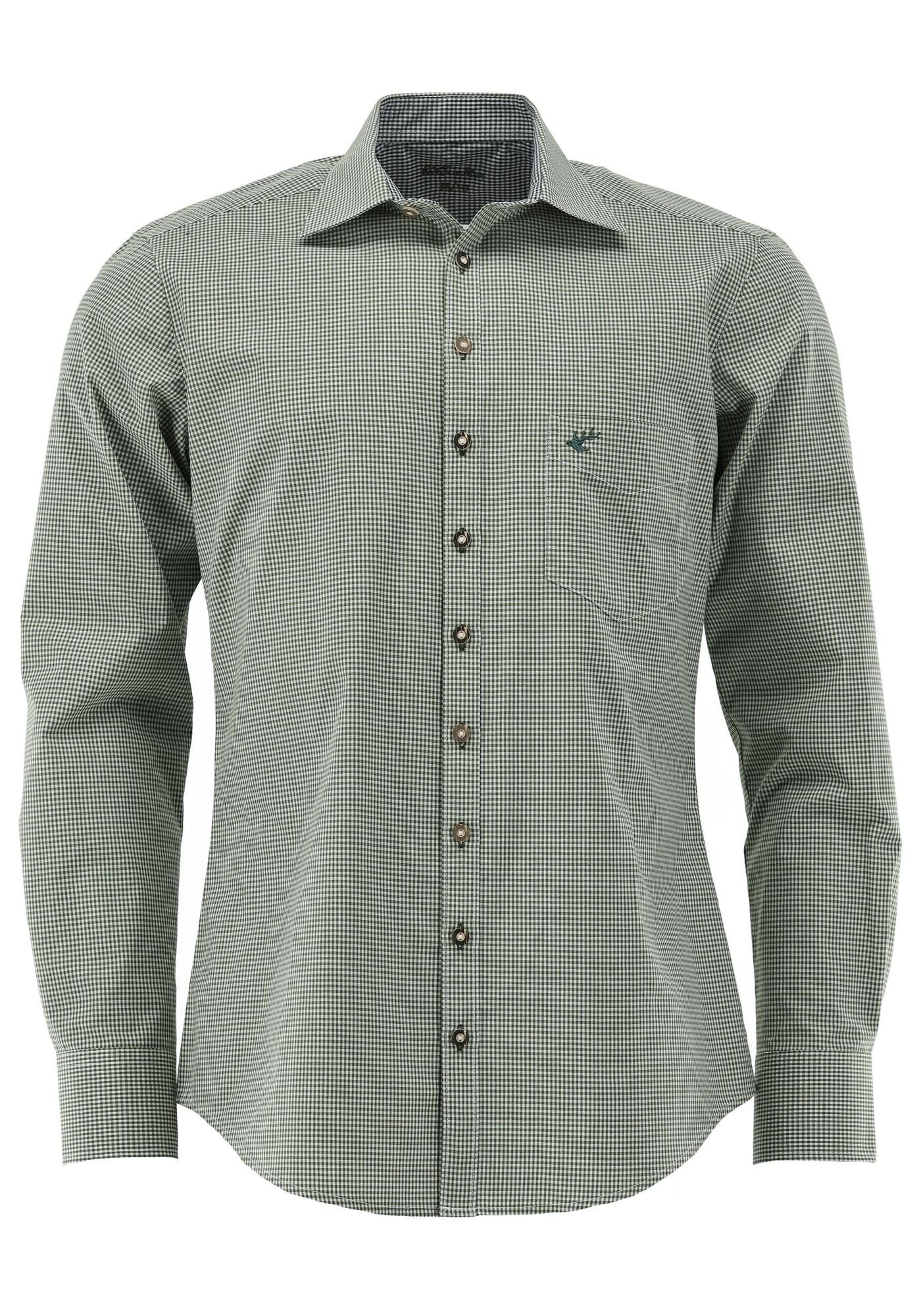 OS-Trachten Trachtenhemd Wacodu Langarmhemd auf khaki/schlamm Brusttasche Hirsch-Stickerei der mit