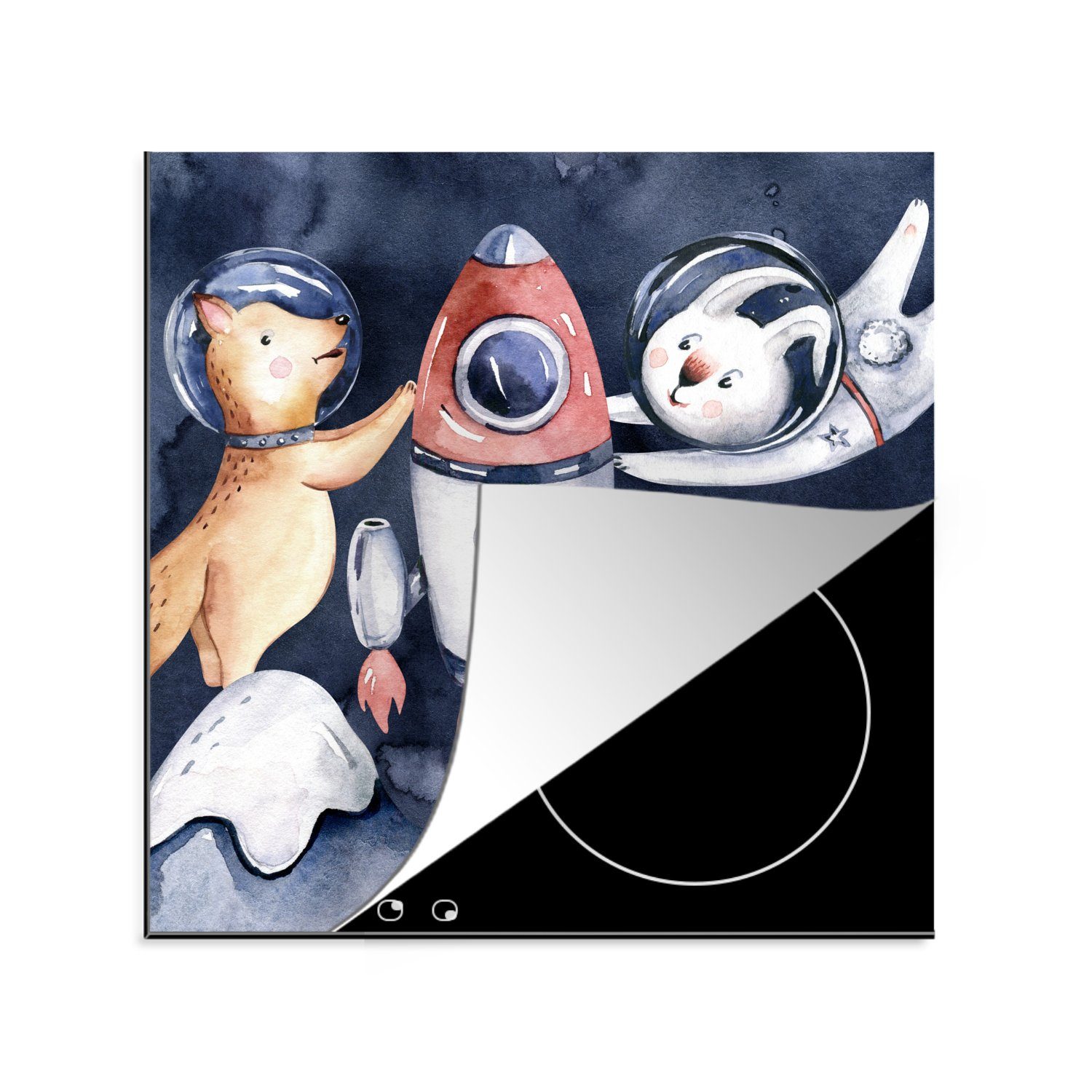 MuchoWow Herdblende-/Abdeckplatte Weltraum - Rakete - Kaninchen - Jungen - Mädchen - Kinder, Vinyl, (1 tlg), 78x78 cm, Ceranfeldabdeckung, Arbeitsplatte für küche
