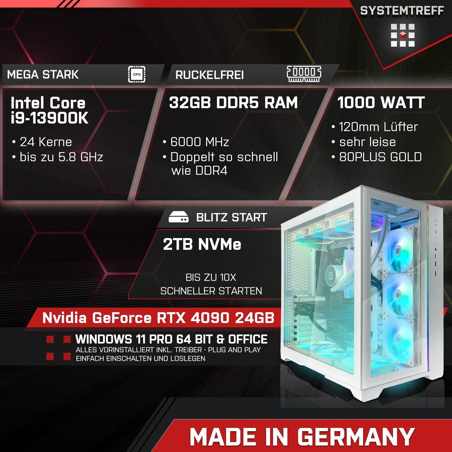 SYSTEMTREFF Gaming-PC (Intel Core i9 13900K, GeForce RTX 4090, 32 GB RAM, 2000  GB SSD, Wasserkühlung, Windows 11, WLAN), 32 GB DDR5 6000 MHz - Team Group  Delta RGB Weiß mit Kühlkörper - 2x16GB | alle PCs