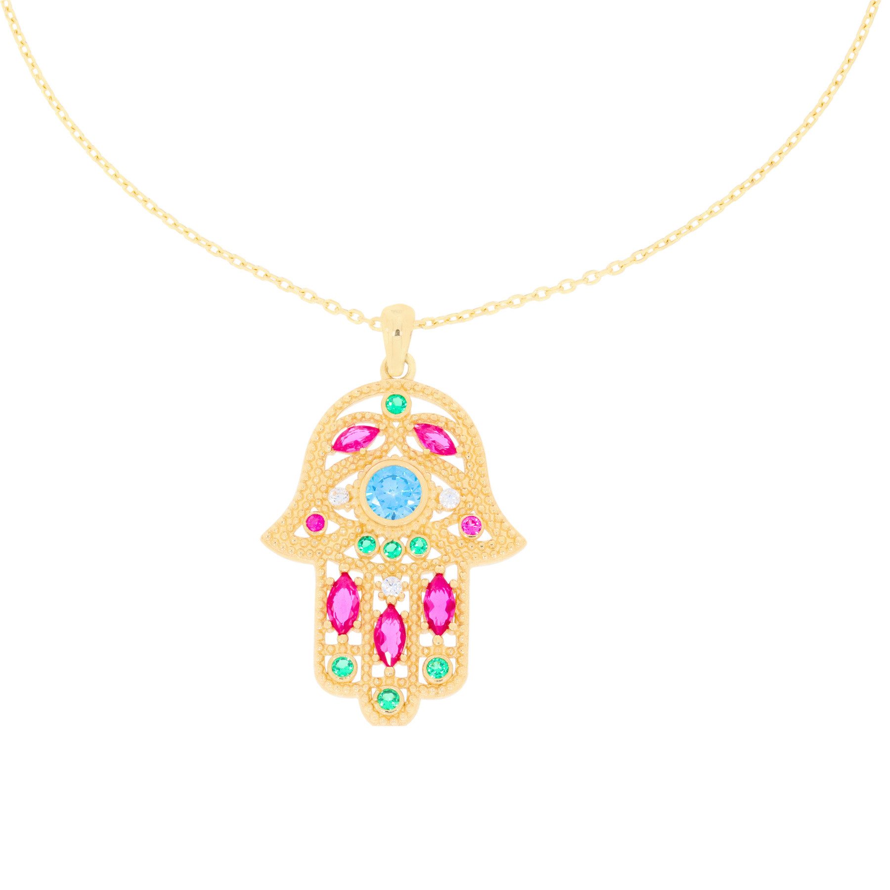 Stella-Jewellery Collier 585er Gelbgold Collierkette mit Fatimas Hand Bunt (inkl. Etui), Collierkette mit Zirkonia