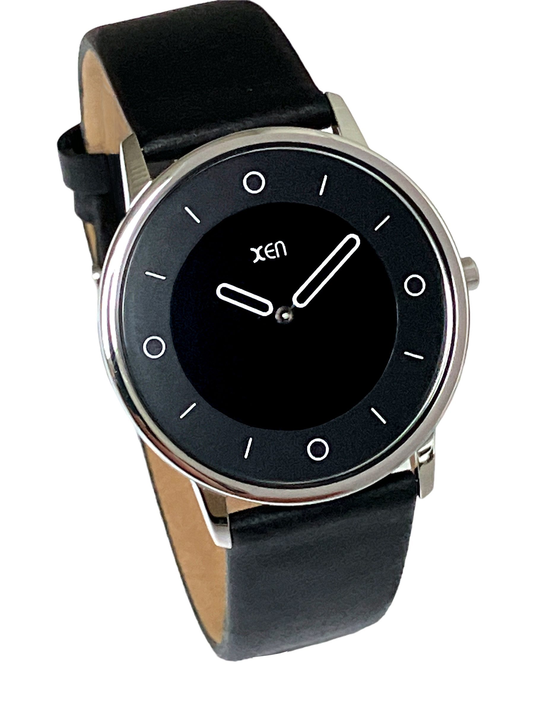 XEN Quarzuhr Damen Edelstahl flach Lederband Schwarz Rund 5 Bar XQ0164, flach, Gehäuseboden mit 4 Schrauben verschraubt