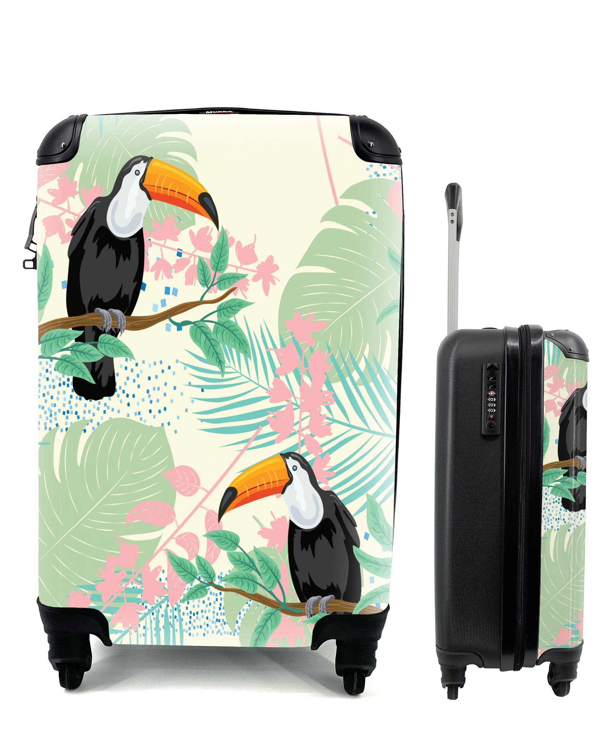 Eine Tukanen, mit von Trolley, Handgepäck MuchoWow und 4 Pflanzen Handgepäckkoffer für Reisetasche Illustration tropischen Reisekoffer rollen, Ferien, Rollen,